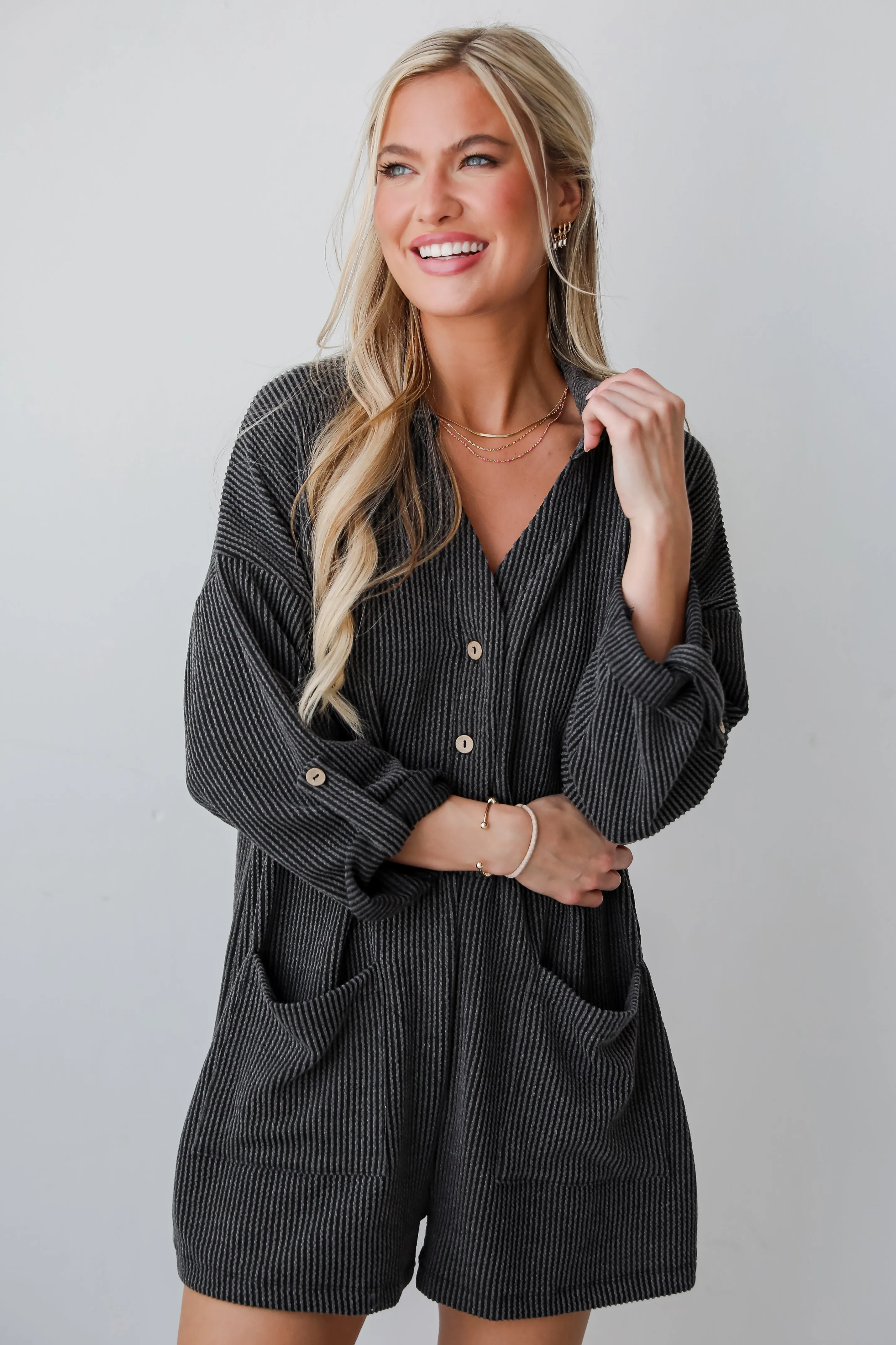 FINAL SALE - Jade Charcoal Corded Romper