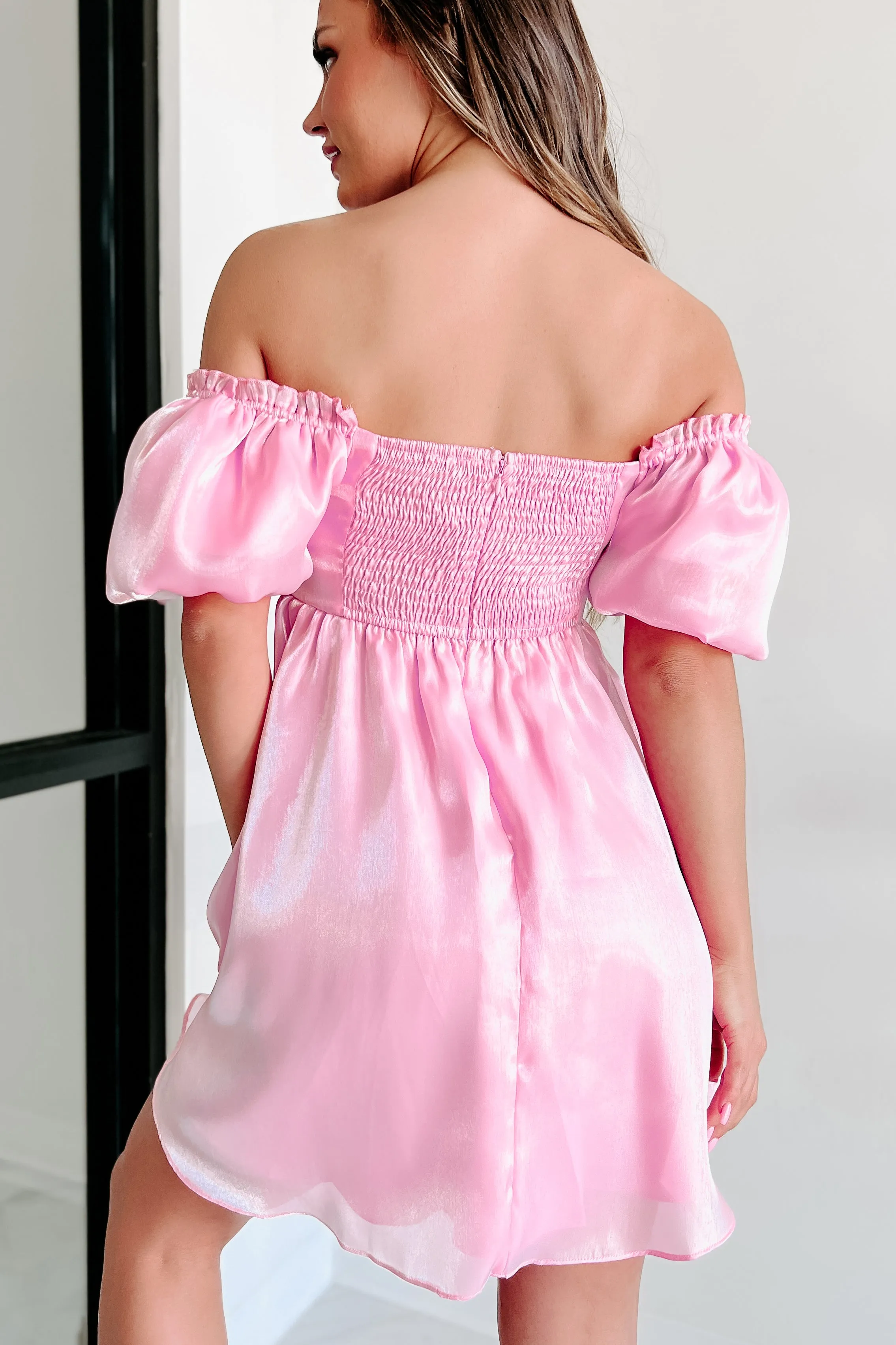 Fit For A Princess Puff Sleeve Shiny Babydoll Dress (Pink)