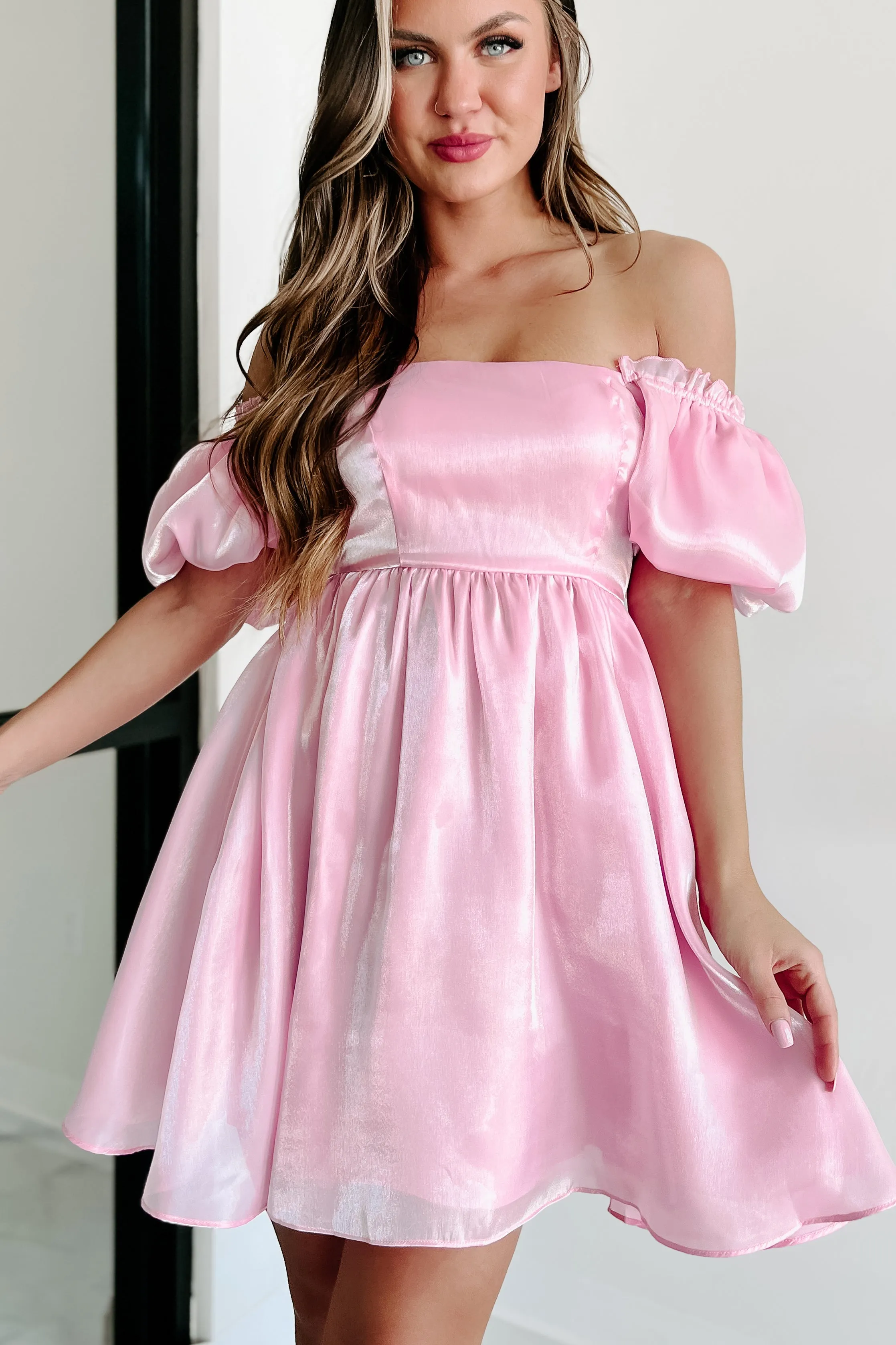 Fit For A Princess Puff Sleeve Shiny Babydoll Dress (Pink)