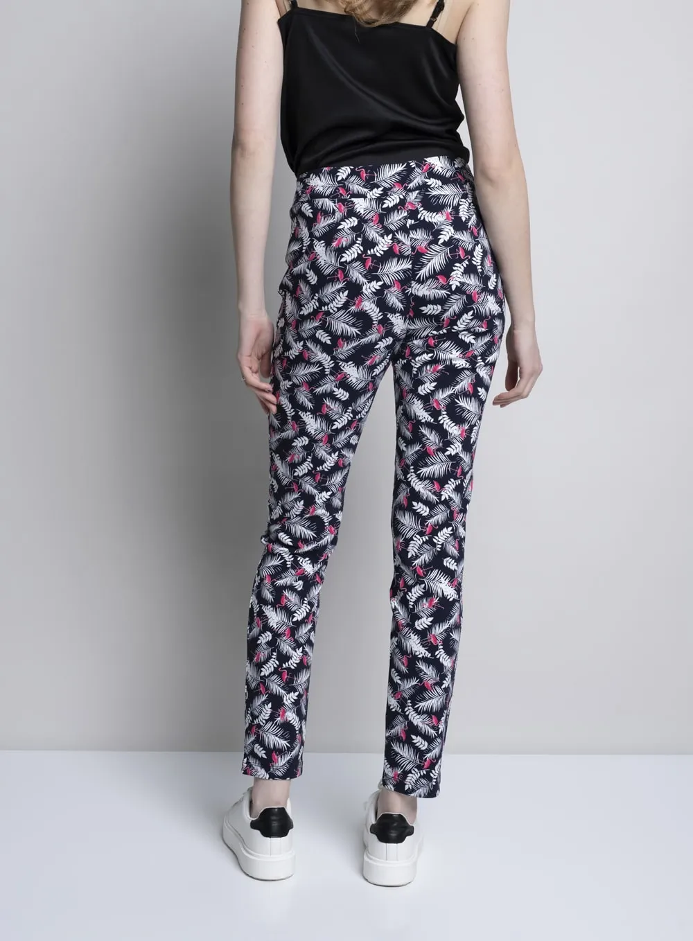 Flamingo Leaf Print Pull-on Straight Leg Pants