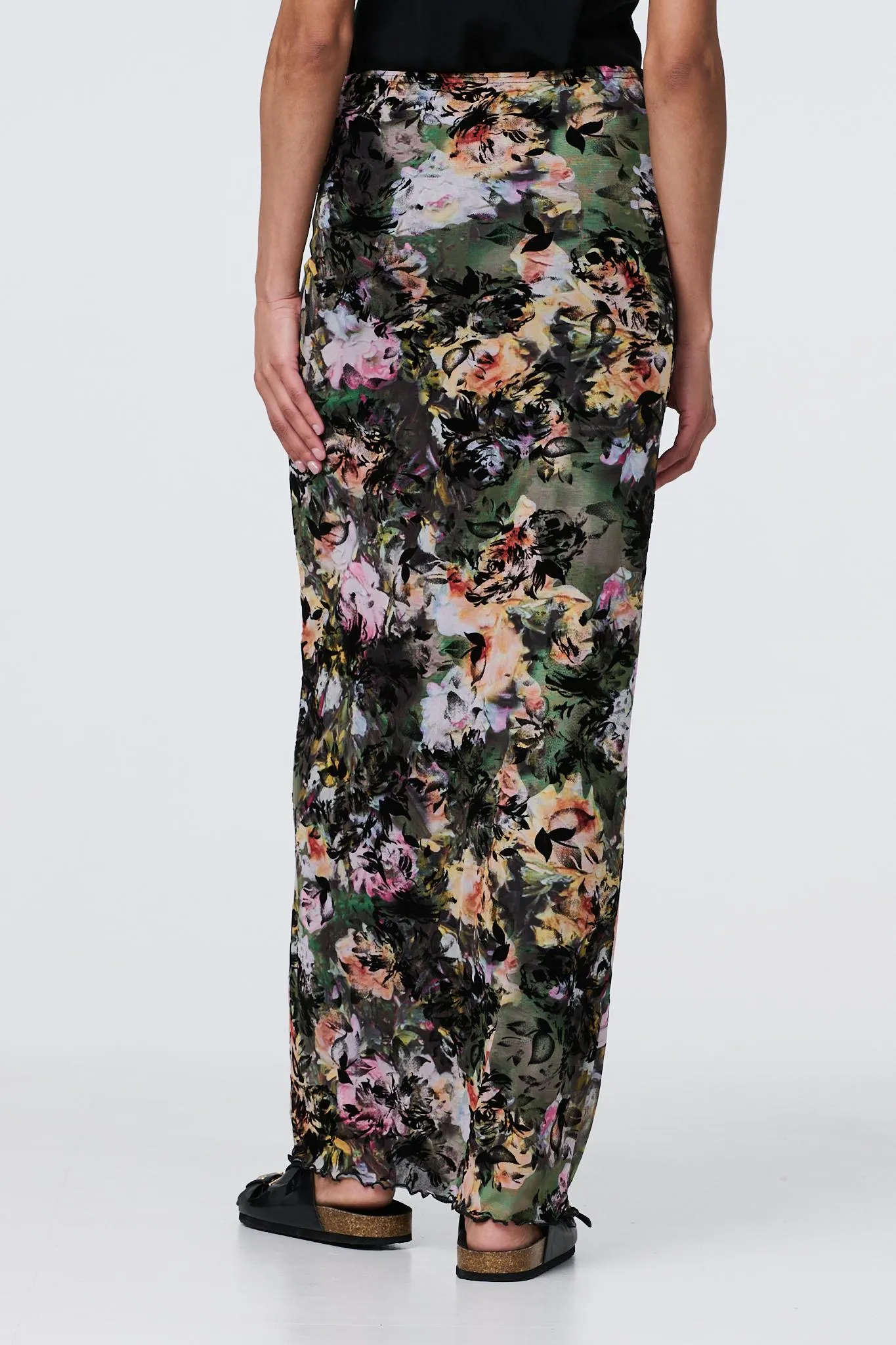 Floral Mesh High Waist Straight Maxi Skirt