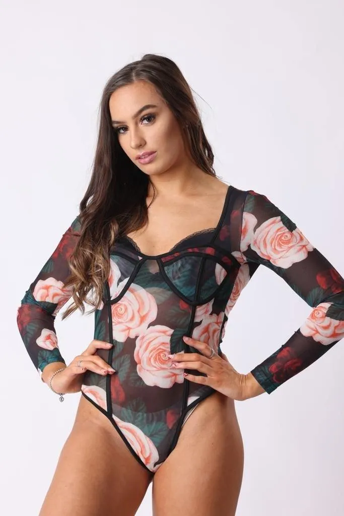 Floral Sheer Bodysuit in Black