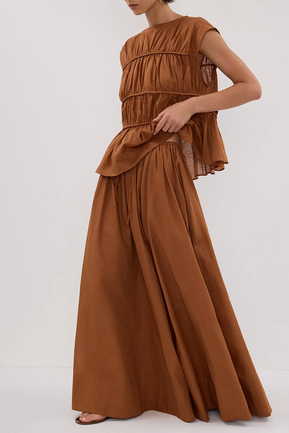 FLYNN RUST LINEN BLEND TIE MAXI SKIRT