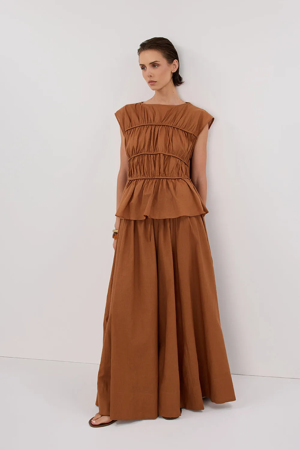 FLYNN RUST LINEN BLEND TIE MAXI SKIRT