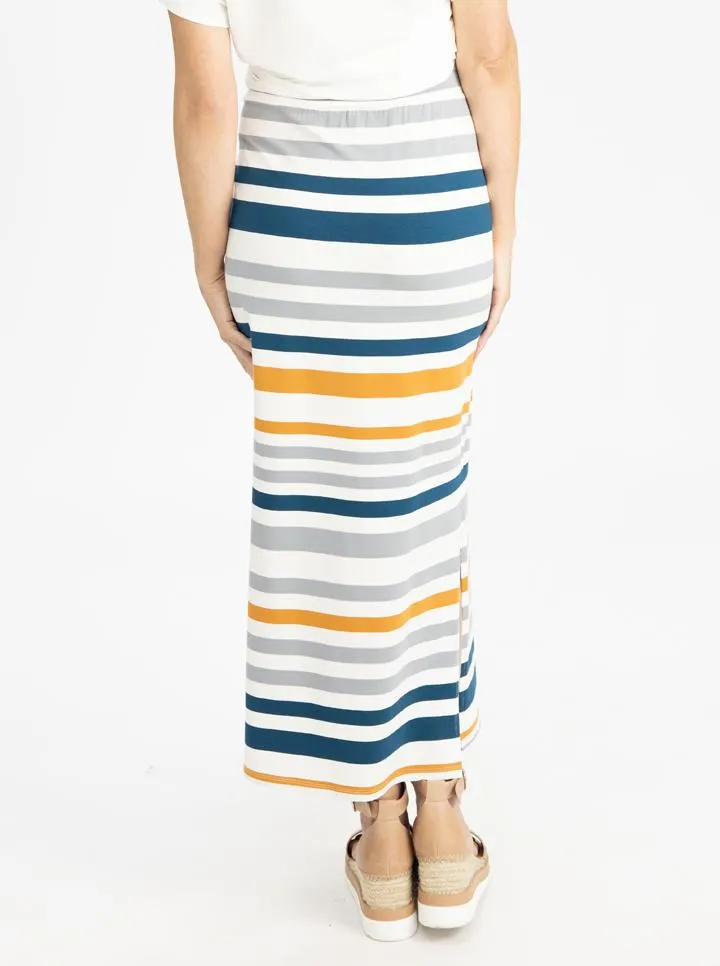 Full Length Maternity Fitted Skirt - Orange and Blue Stripe