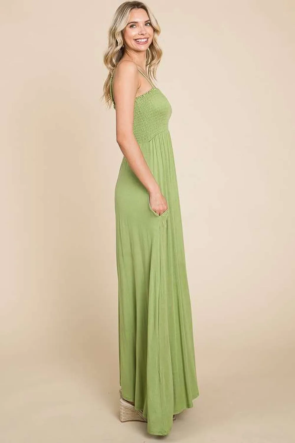 Full Size Smocked Cami Maxi Dress with Pockets