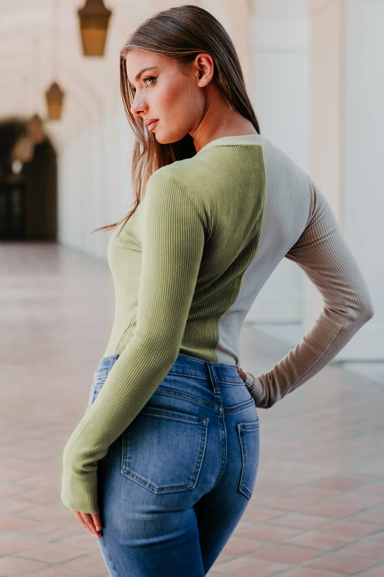 Getting Creative Ribbed Color Block Bodysuit (Tan/Light Olive)