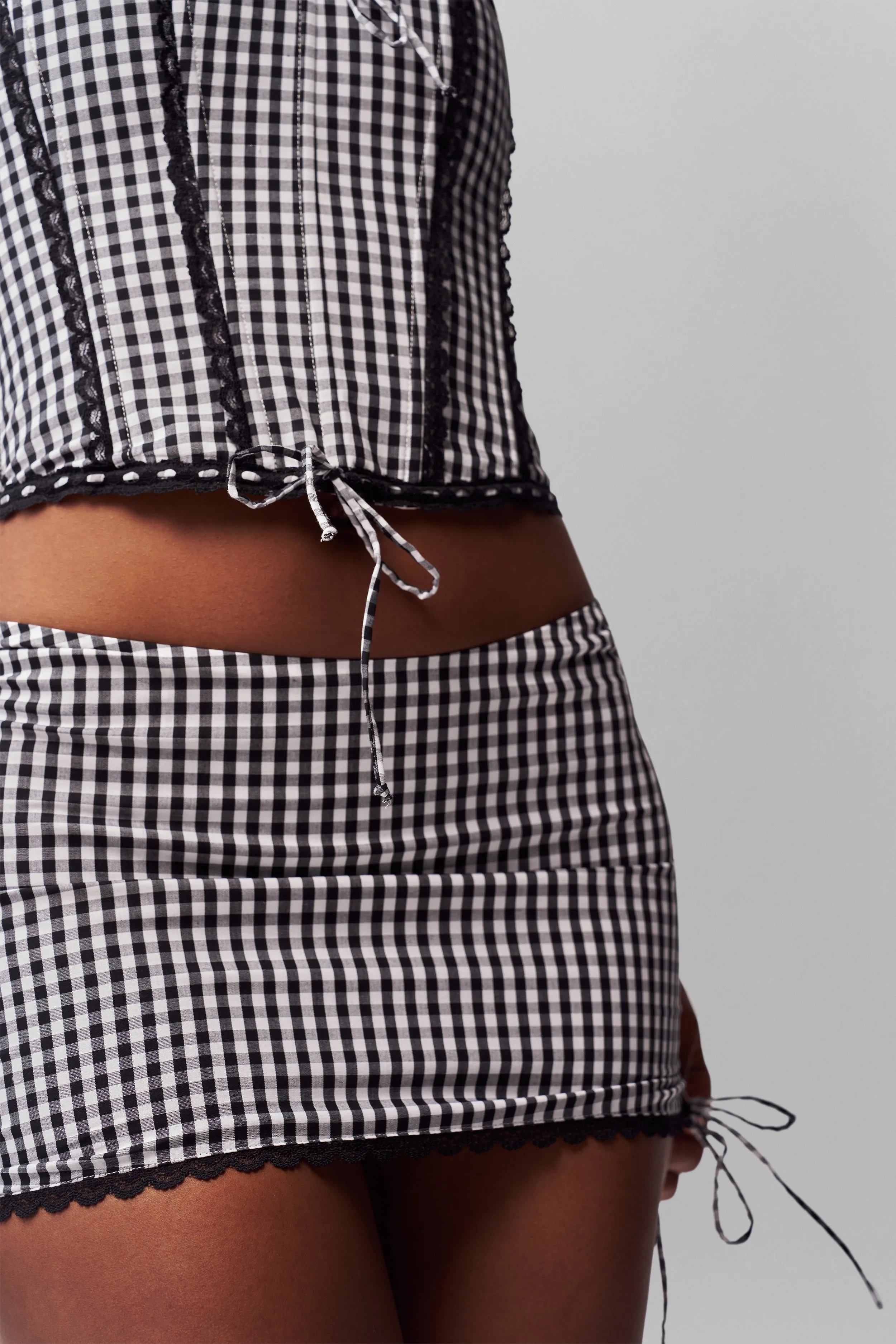 Gingham Ruched Side Tie Mini Skirt