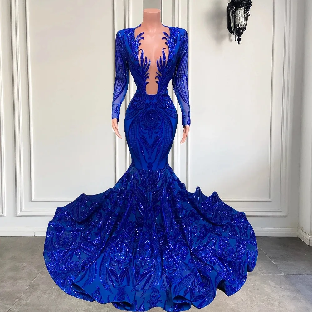 Gorgeous Blue V-neck Sequins Long Sleeve Floor-length Mermaid Prom Dresses