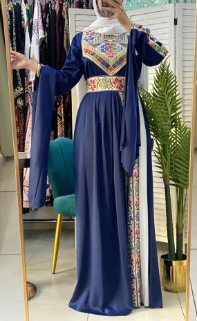 Gorgeous Navy Satin Dress With Colorful Embroidery and Slit Sleeves