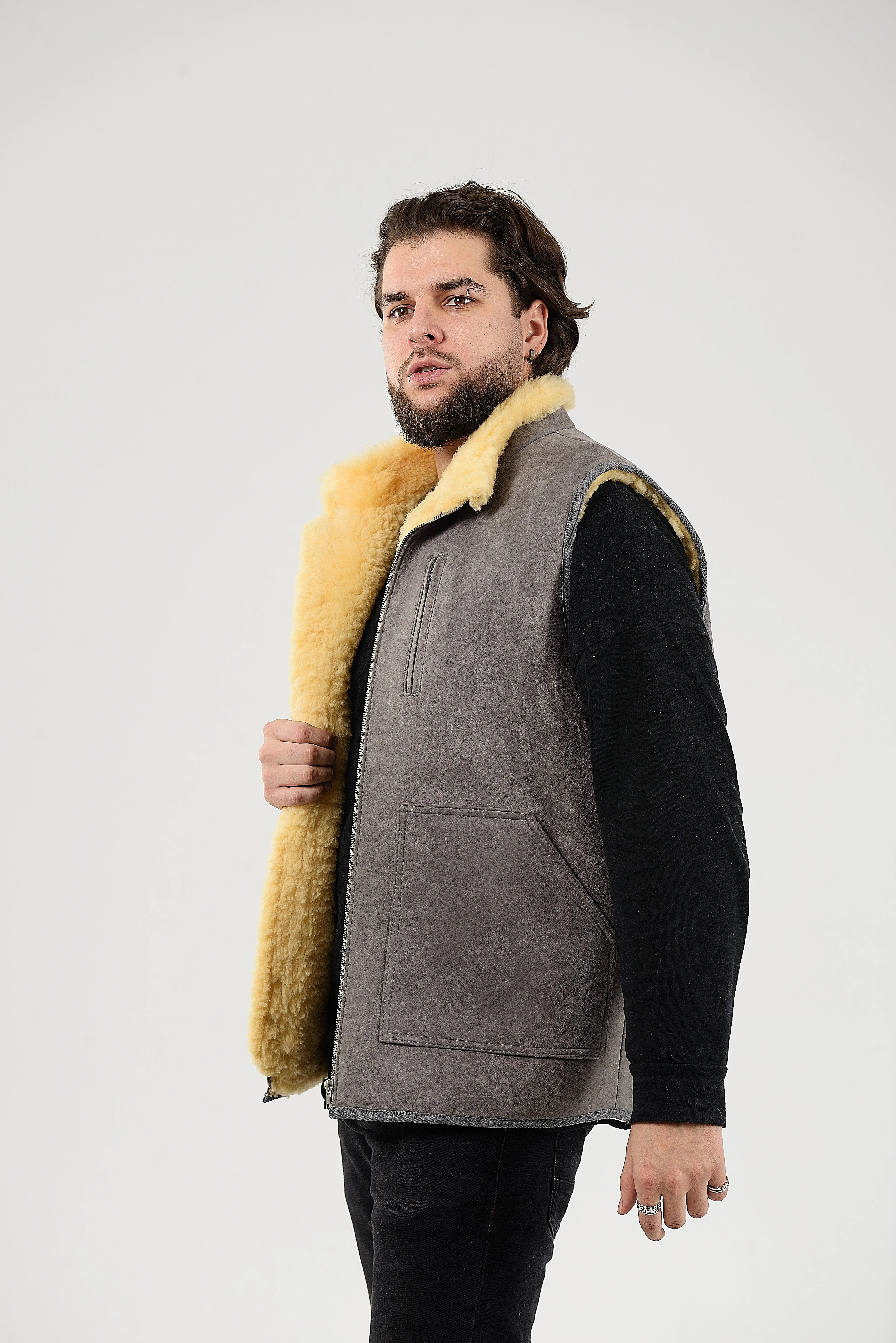 Gray Sheepskin Vest with Patch Pocket Medical Sheepskin Hypoallergenic