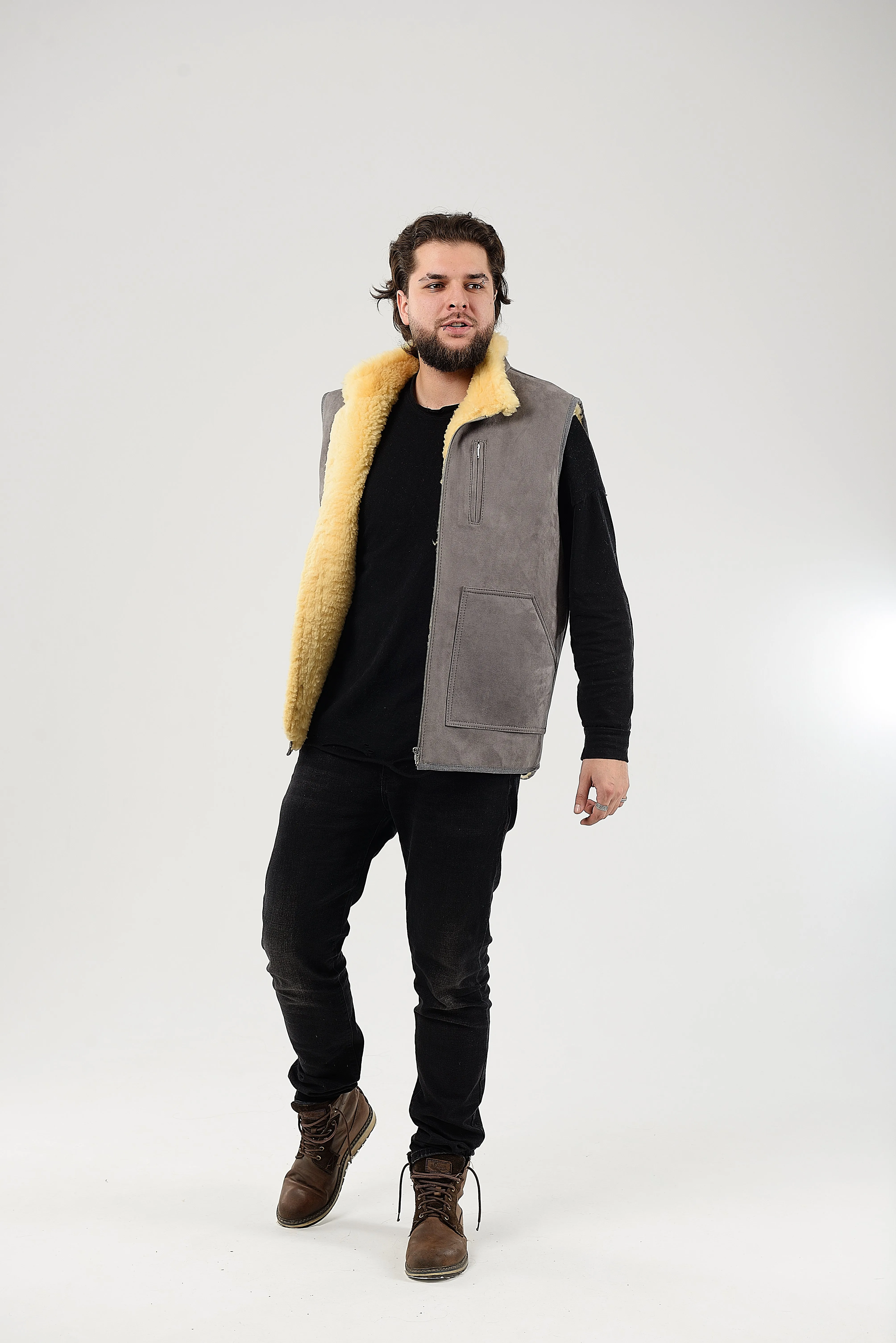 Gray Sheepskin Vest with Patch Pocket Medical Sheepskin Hypoallergenic