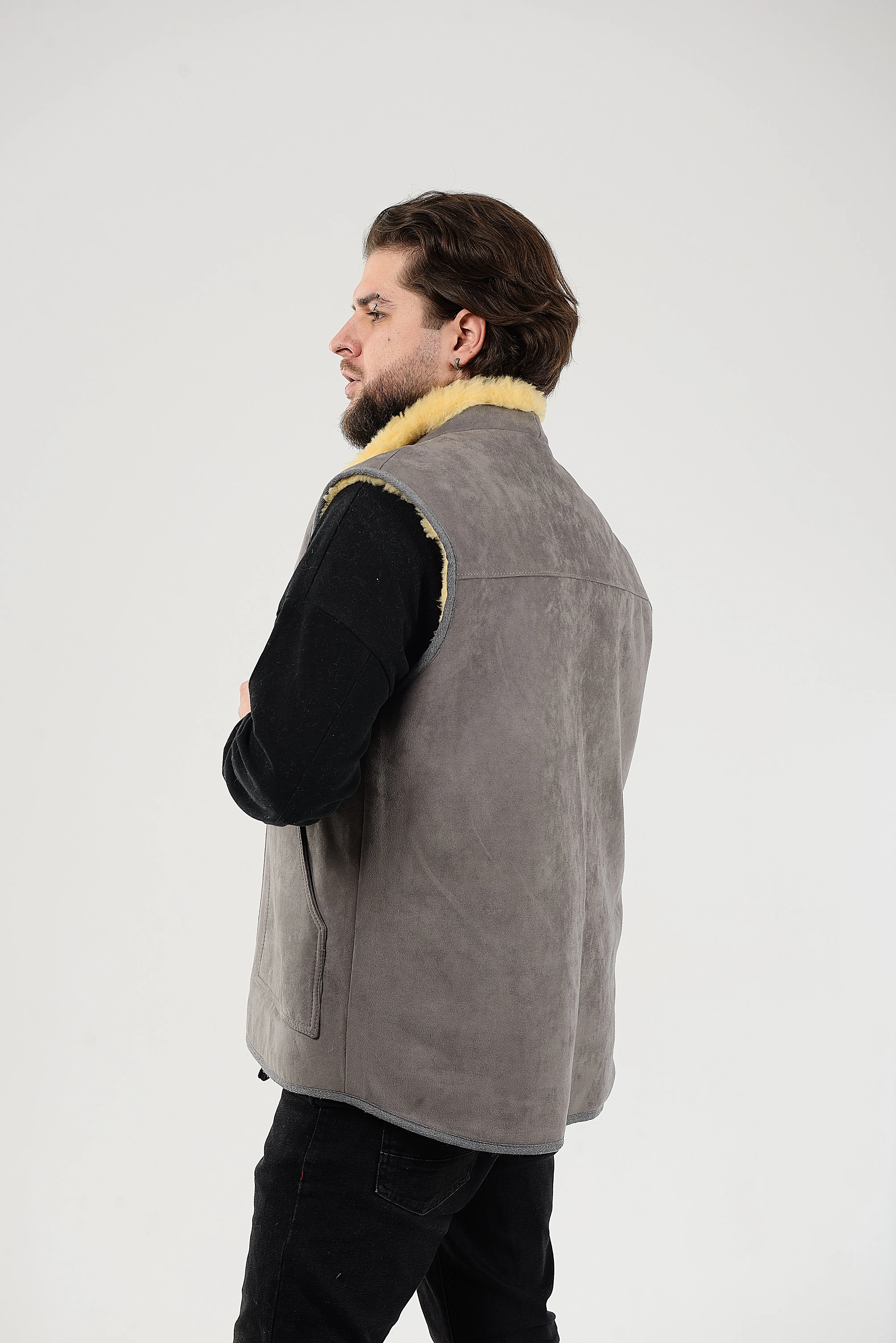 Gray Sheepskin Vest with Patch Pocket Medical Sheepskin Hypoallergenic