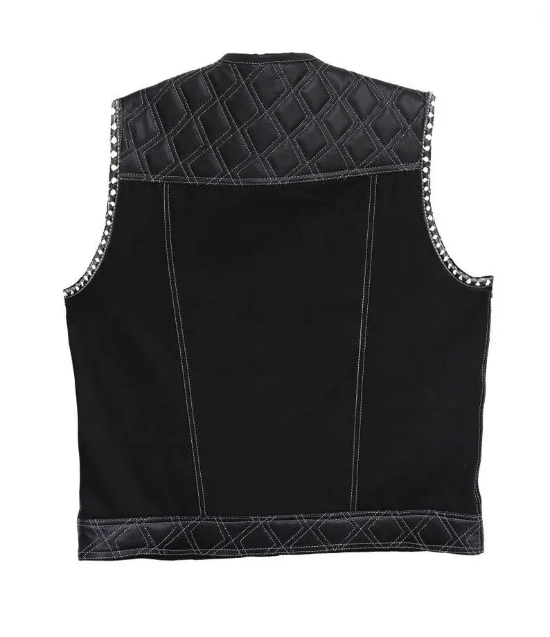 Hand Made Leather & denim Black Quilted Diamond Braided Arms MC Biker Rider Motorcycle vest