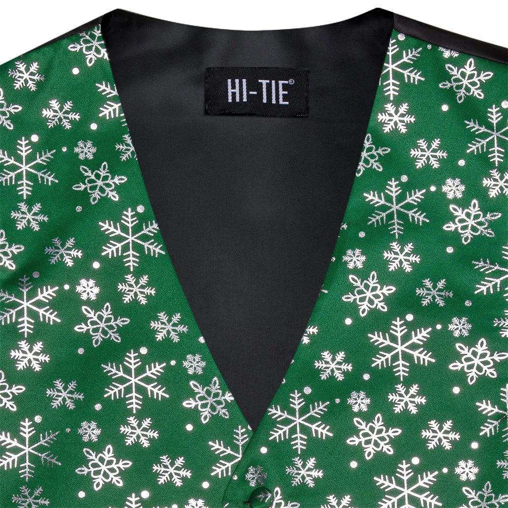 Hi-Tie Mens Waistcoat Green Silver Snow Christmas Vest Necktie Set