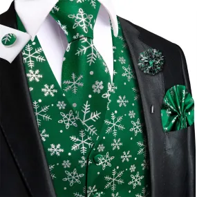 Hi-Tie Mens Waistcoat Green Silver Snow Christmas Vest Necktie Set