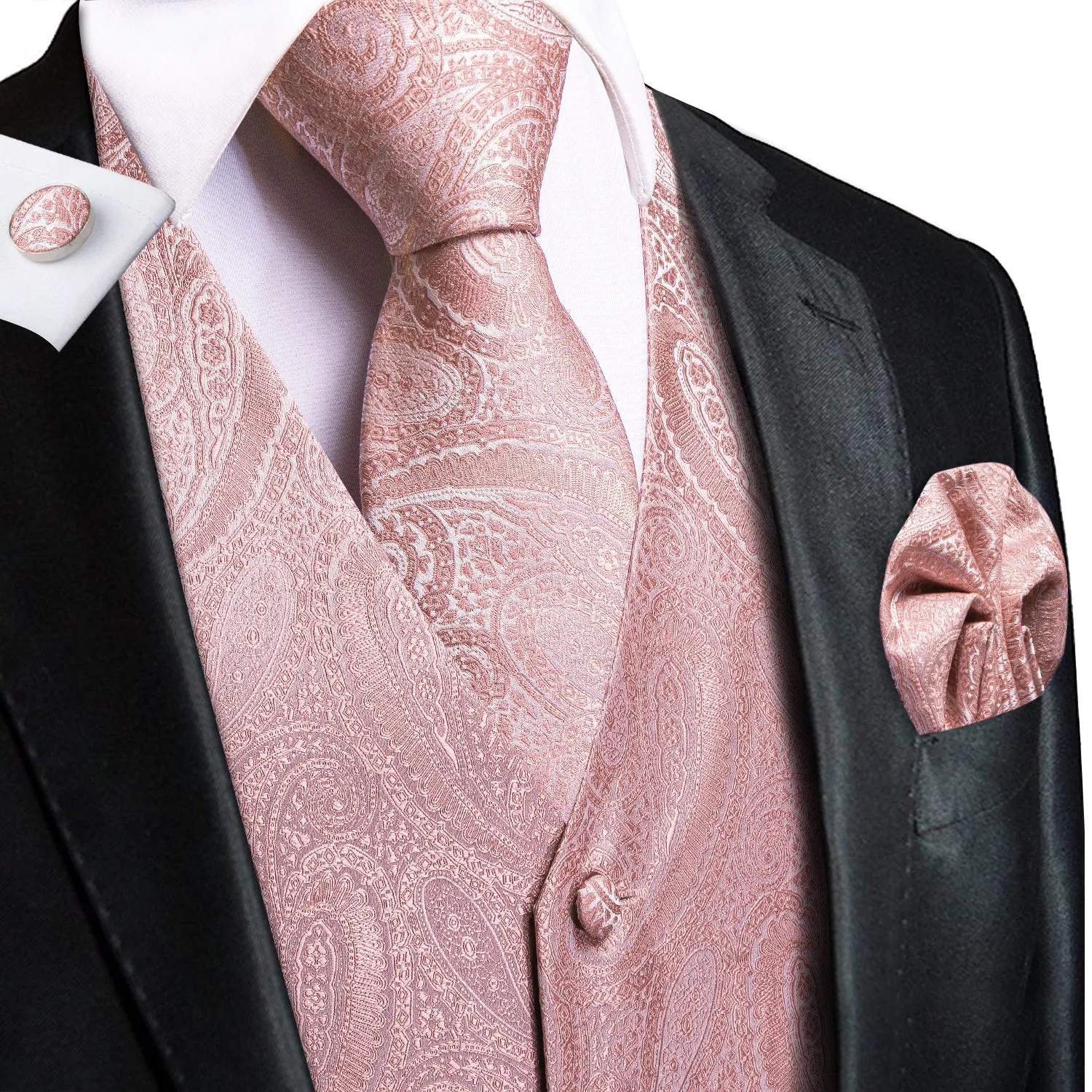 Hi-Tie Waistcoat Pink Paisley Silk Men's Vest Hanky Cufflinks Tie Set