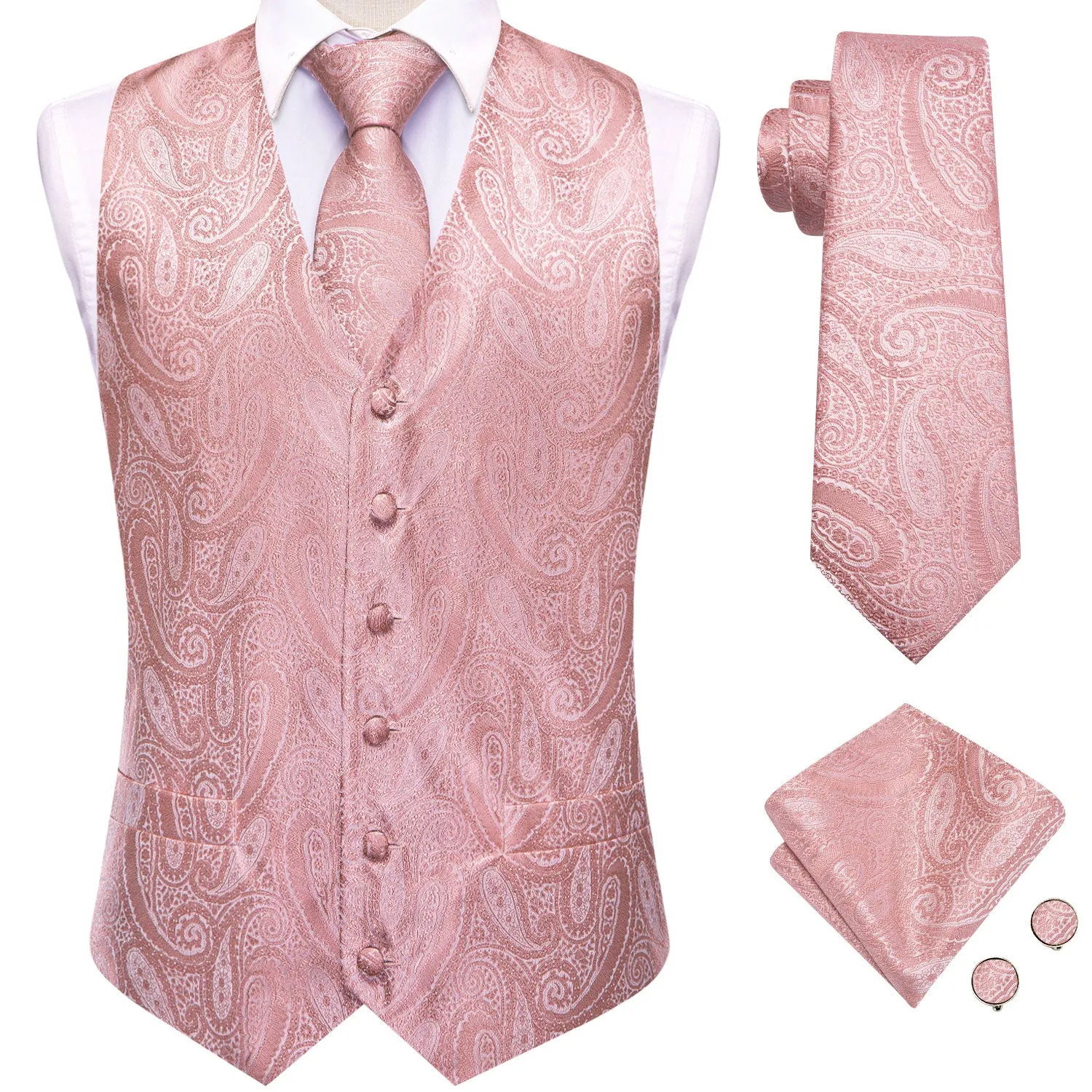 Hi-Tie Waistcoat Pink Paisley Silk Men's Vest Hanky Cufflinks Tie Set