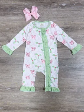 Holly & Bows Mint Green & Pink Christmas Baby Romper