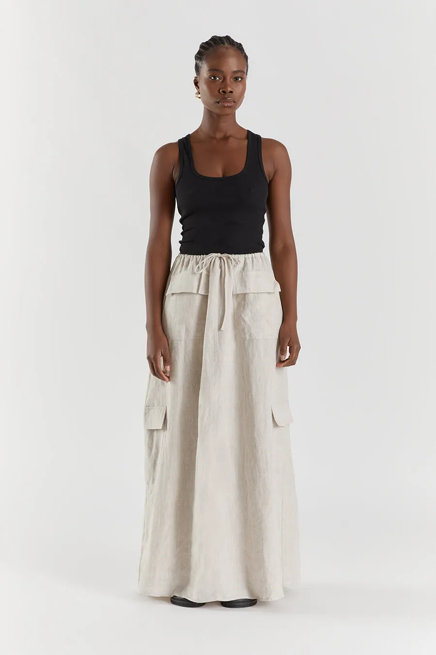 ISLA NATURAL LINEN CARGO MAXI SKIRT