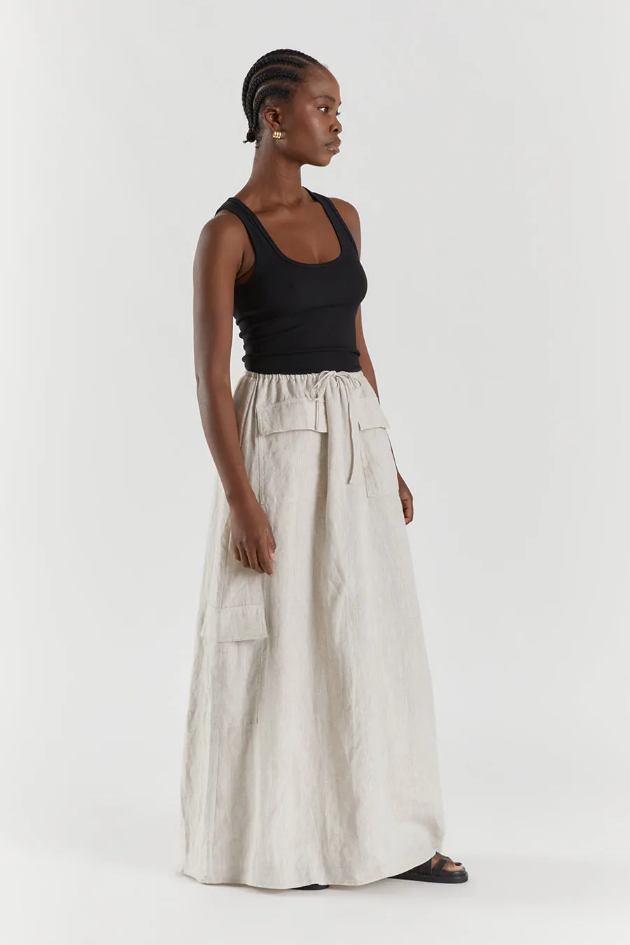 ISLA NATURAL LINEN CARGO MAXI SKIRT