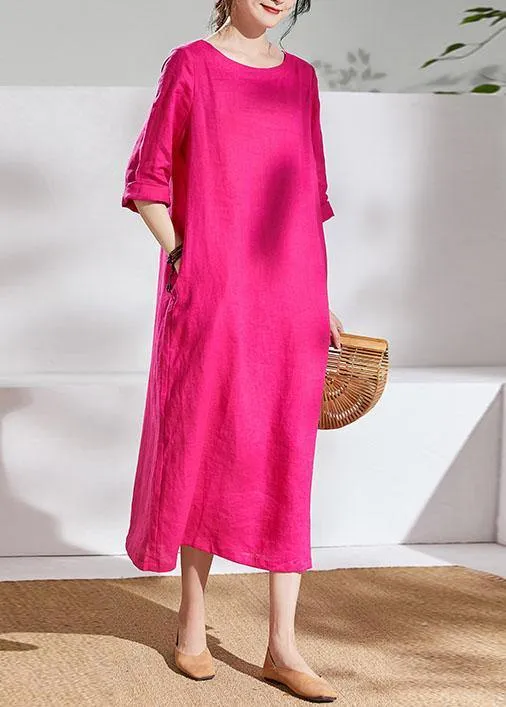 Italian rose linen dresses o neck half sleeve Maxi summer Dresses