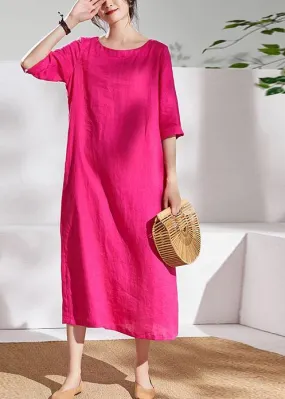 Italian rose linen dresses o neck half sleeve Maxi summer Dresses