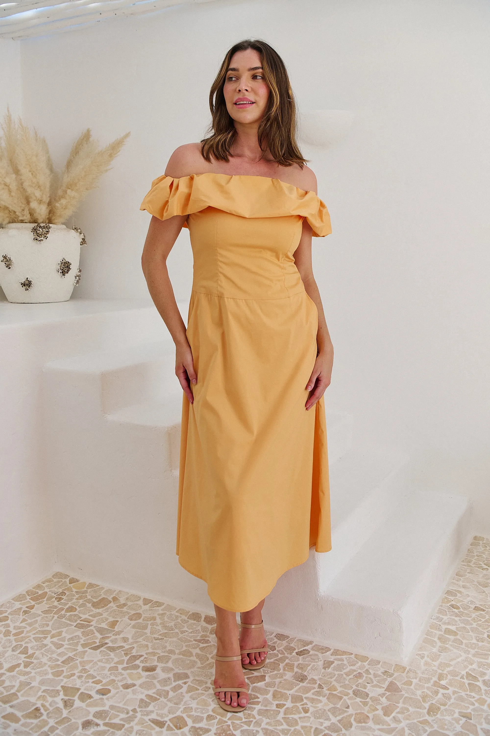 Kaede Peach Off Shoulder Maxi Dress