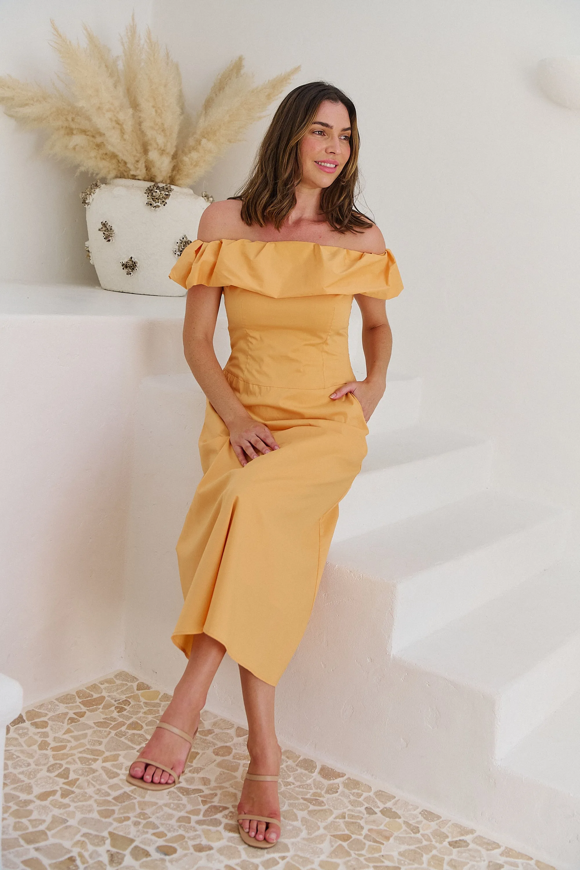 Kaede Peach Off Shoulder Maxi Dress