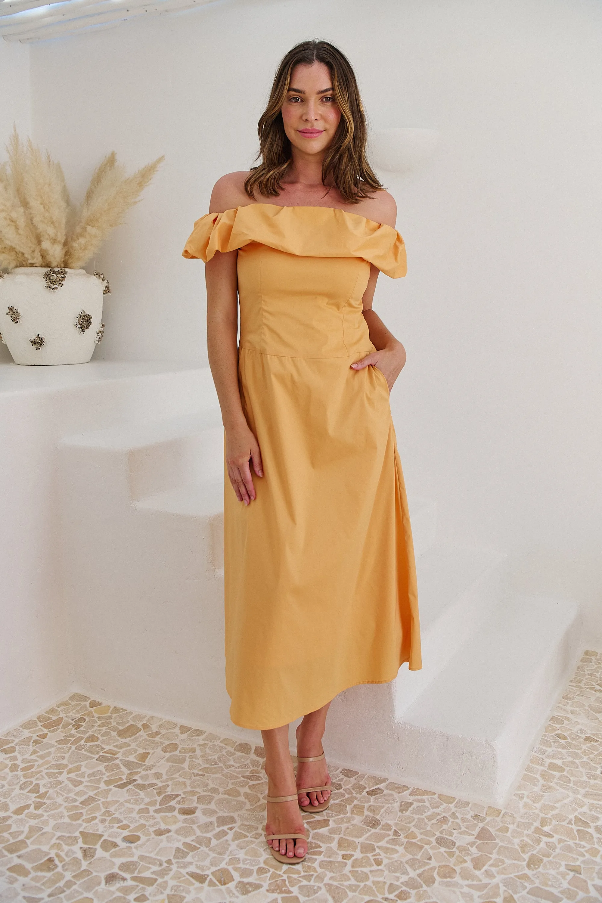 Kaede Peach Off Shoulder Maxi Dress