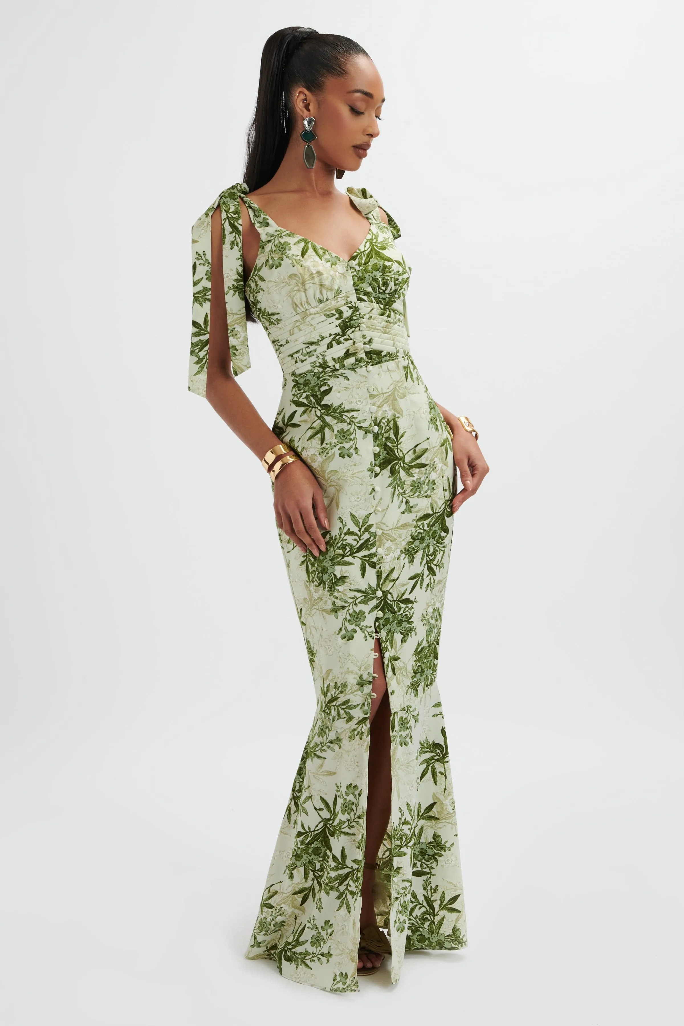 KAMILA Tie Strap Micro Button Maxi Dress In Botanical Print