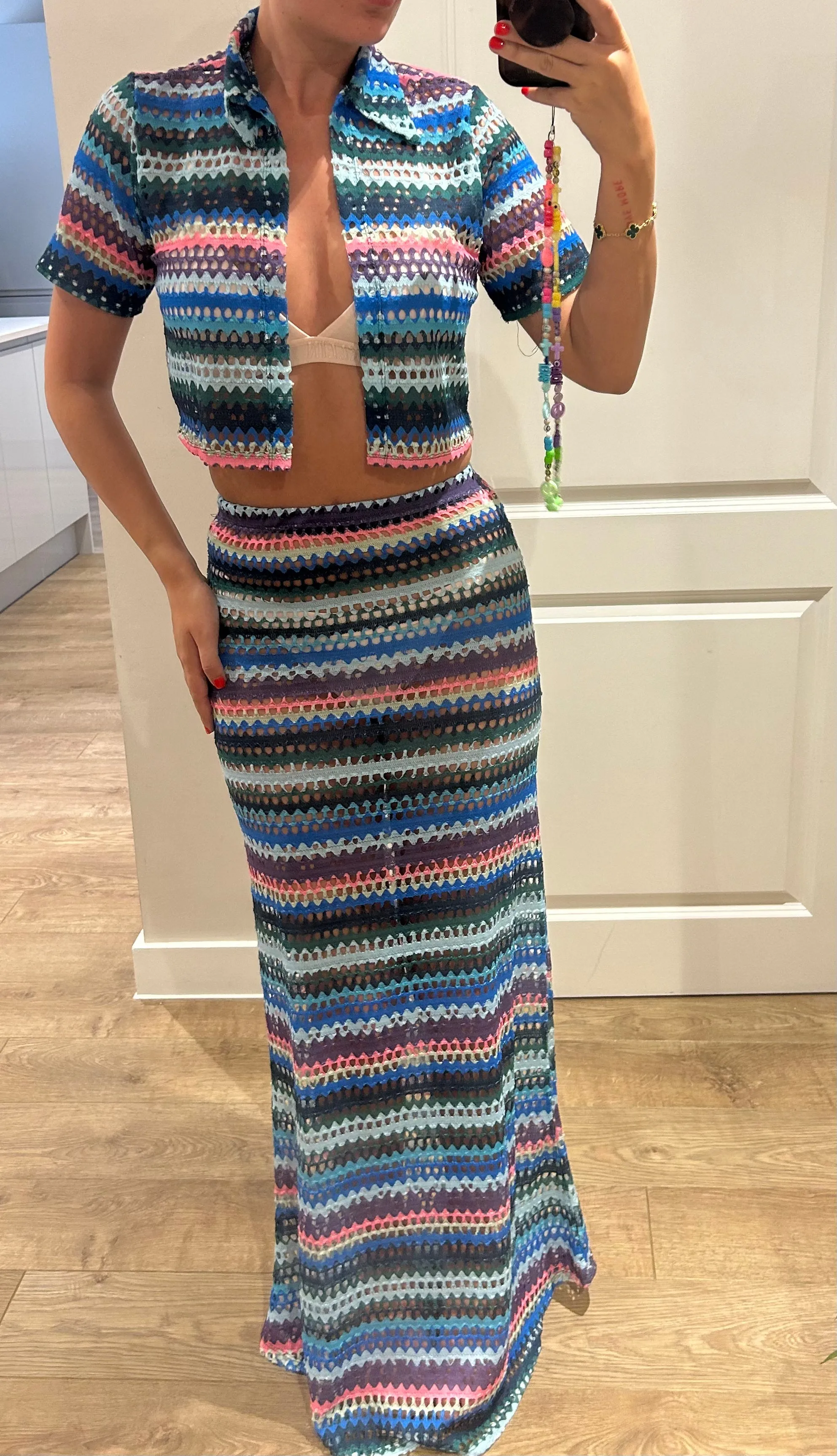 Knitted Rainbow Crop Shirt And Maxi Skirt