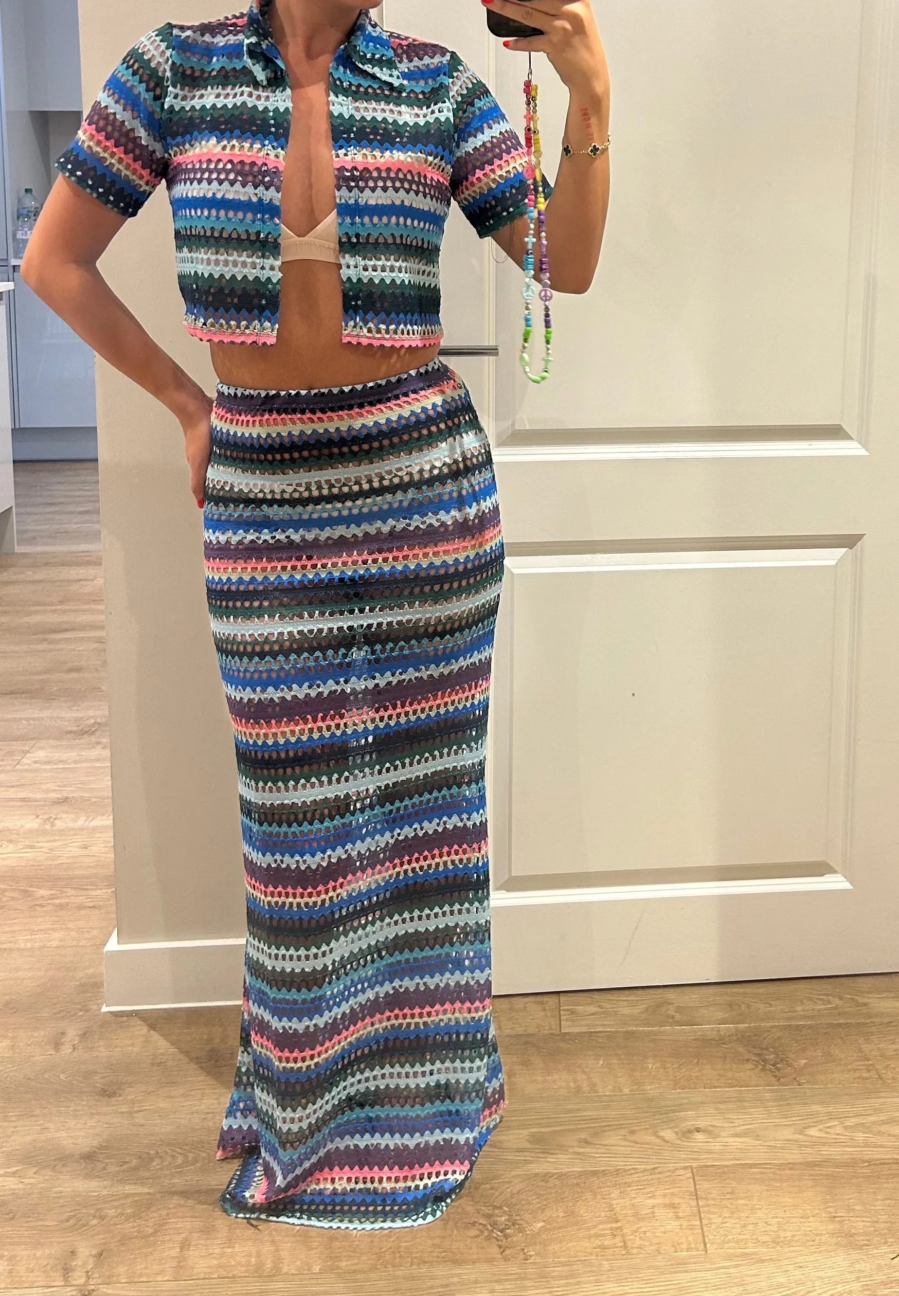 Knitted Rainbow Crop Shirt And Maxi Skirt