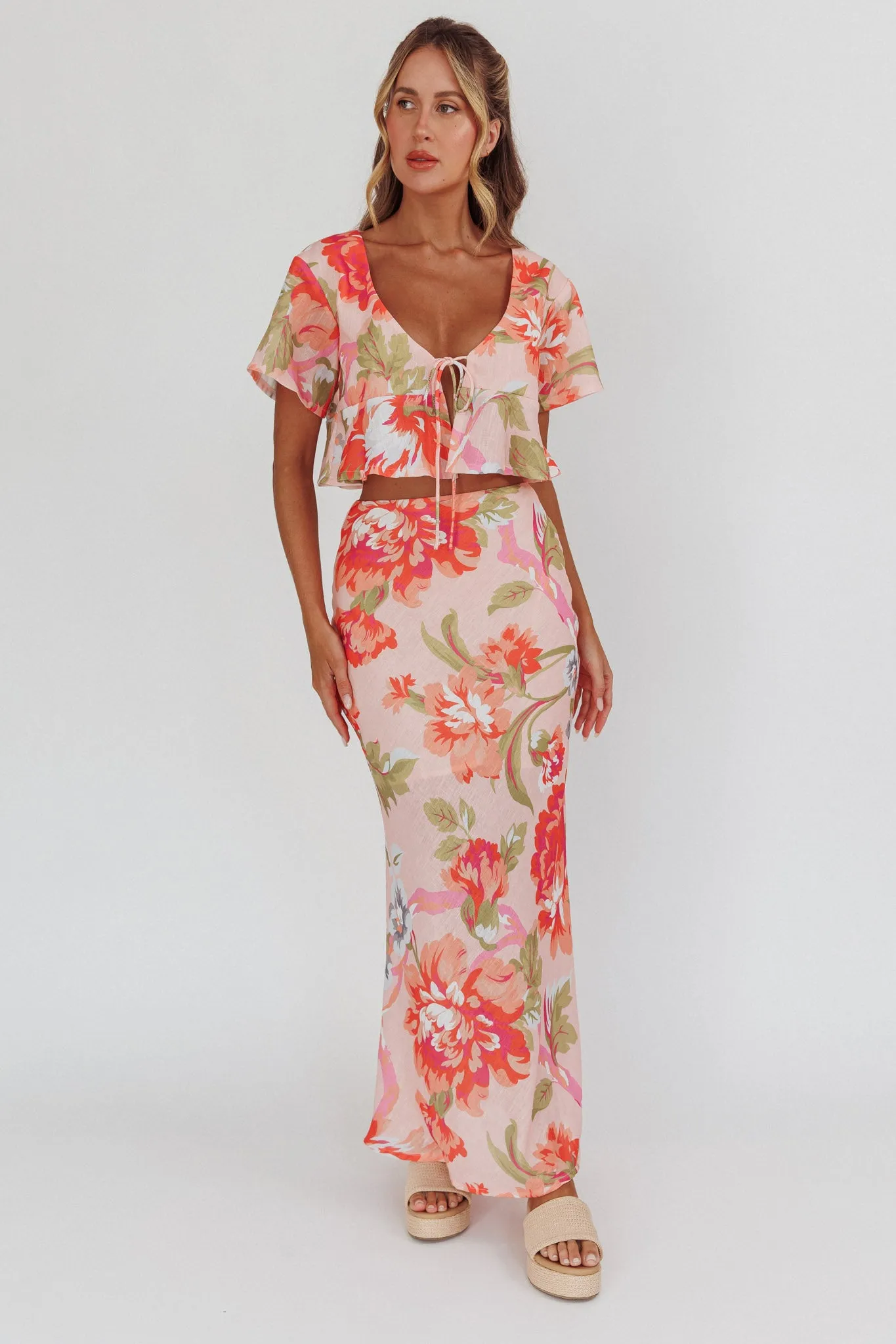 La Vie Floral Maxi Skirt Peach