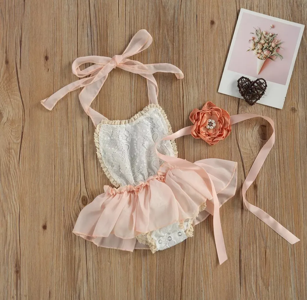 Lace Ruffle Romper with Floral Belt/Headband #1000470