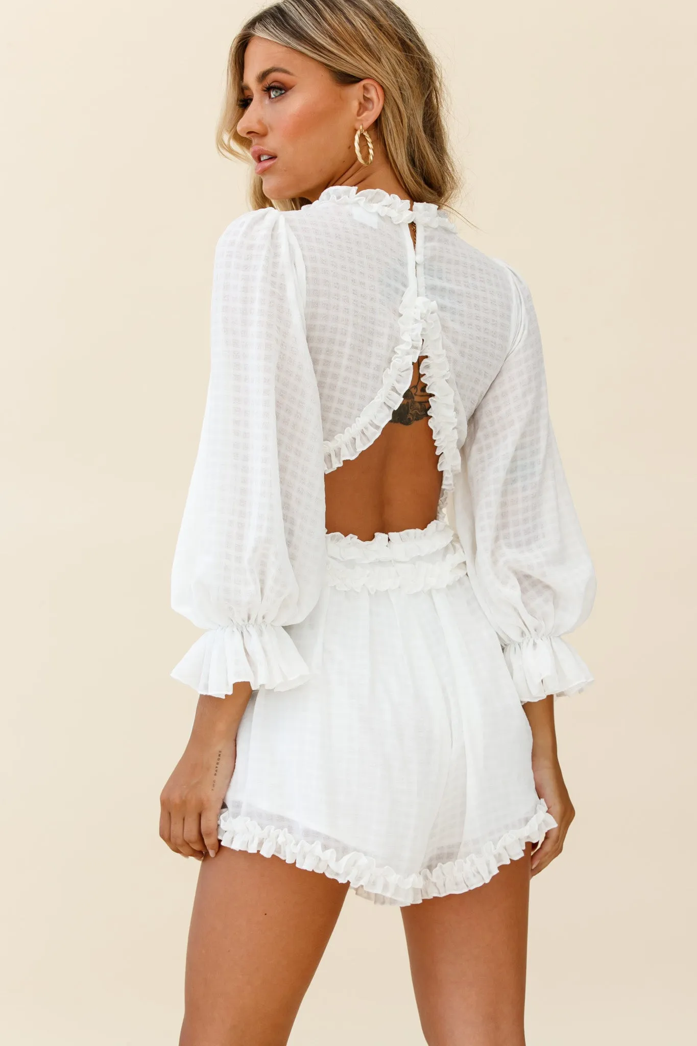 Laney Long Sleeve Frill Trim Romper White