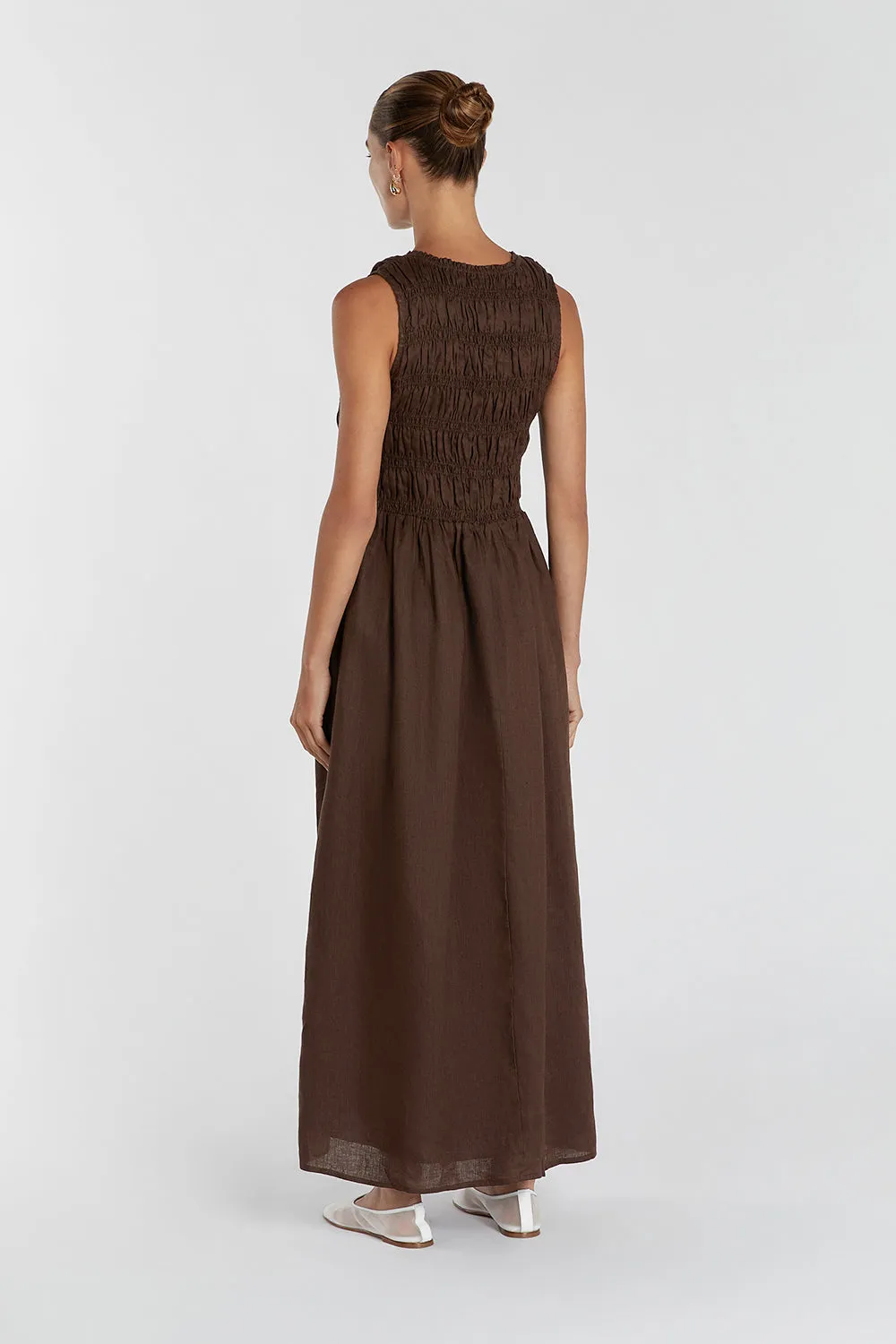 LESSI BITTER CHOC LINEN MAXI DRESS