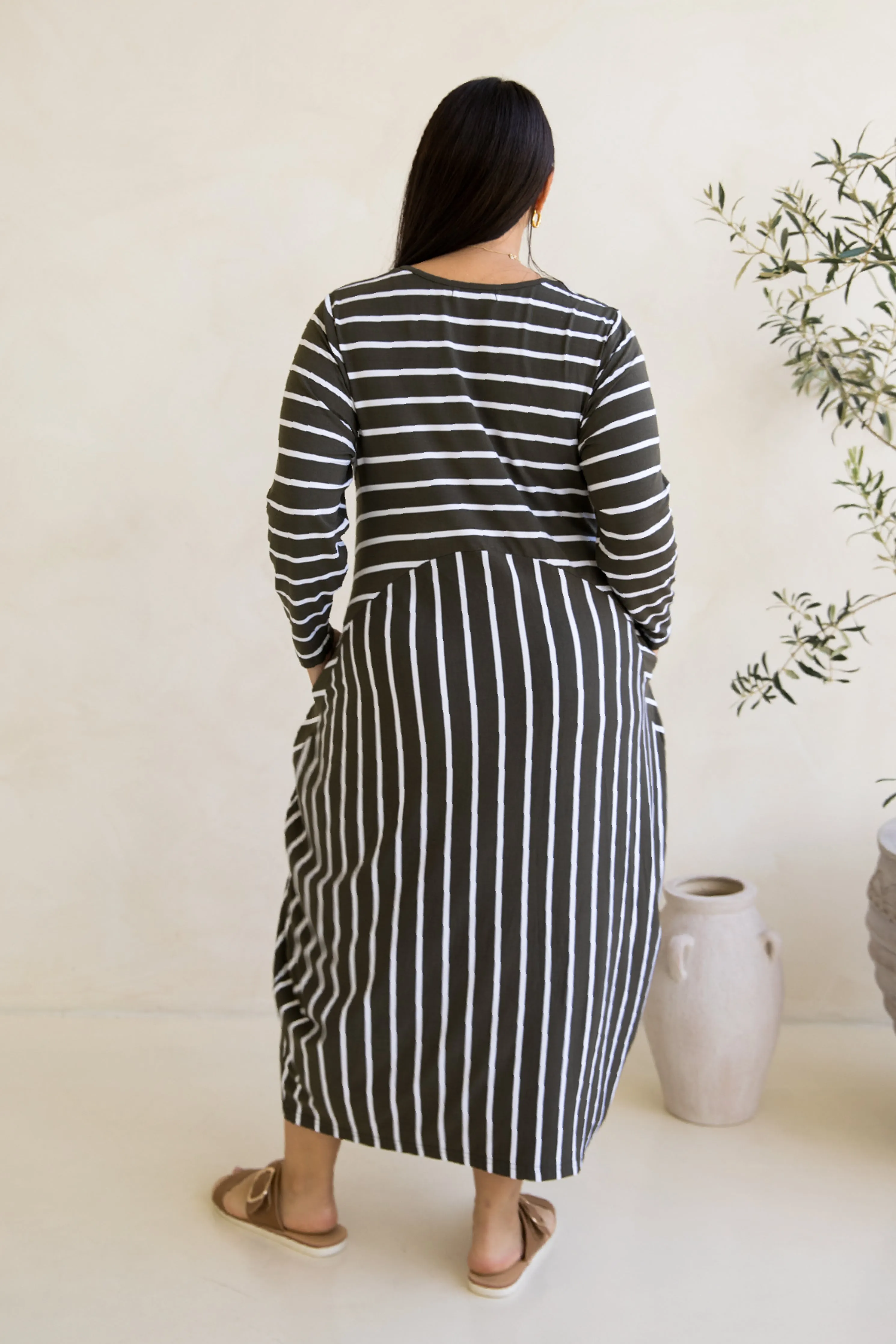 Long Sleeve Soho Dress in Moss Green/White Stripe