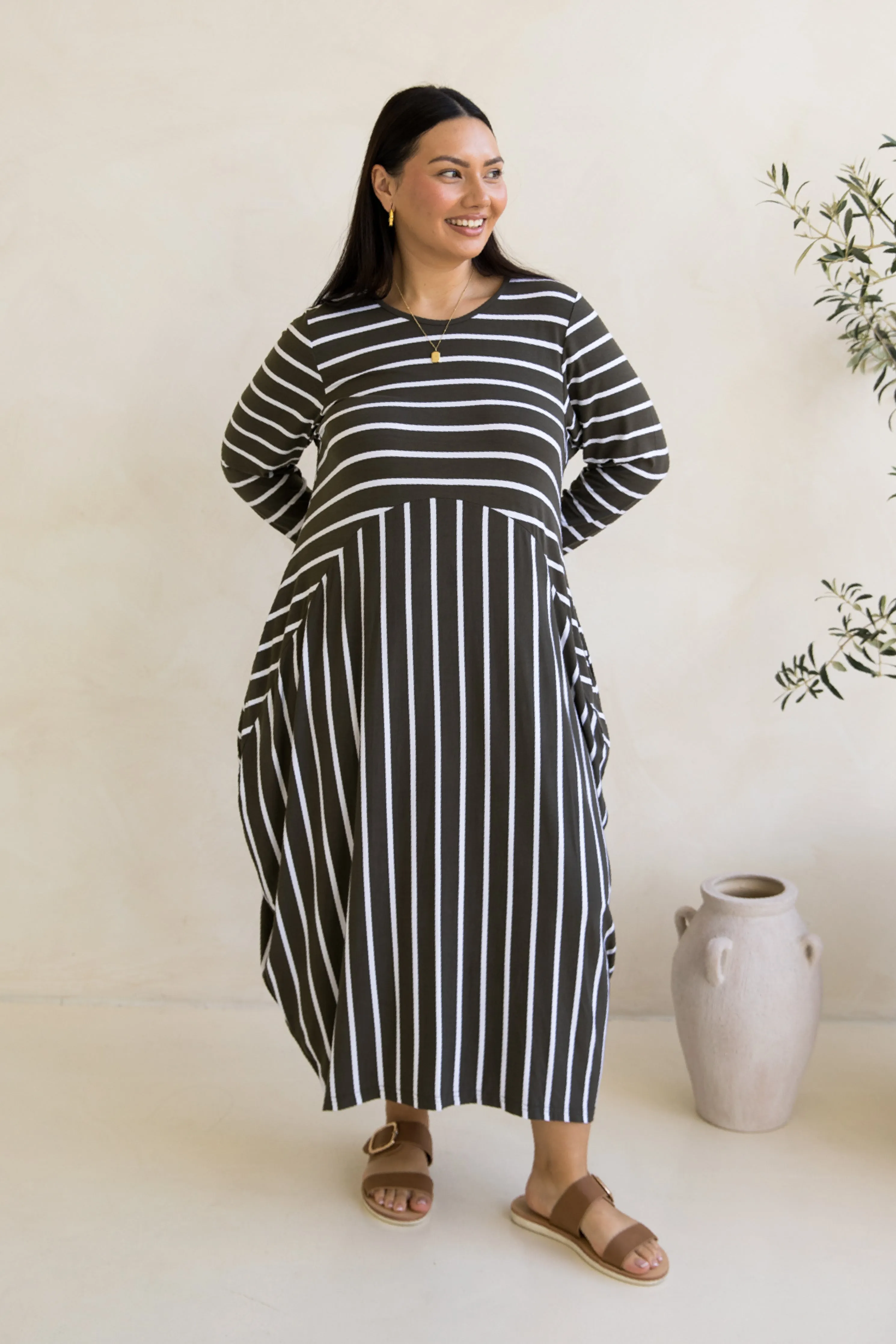 Long Sleeve Soho Dress in Moss Green/White Stripe