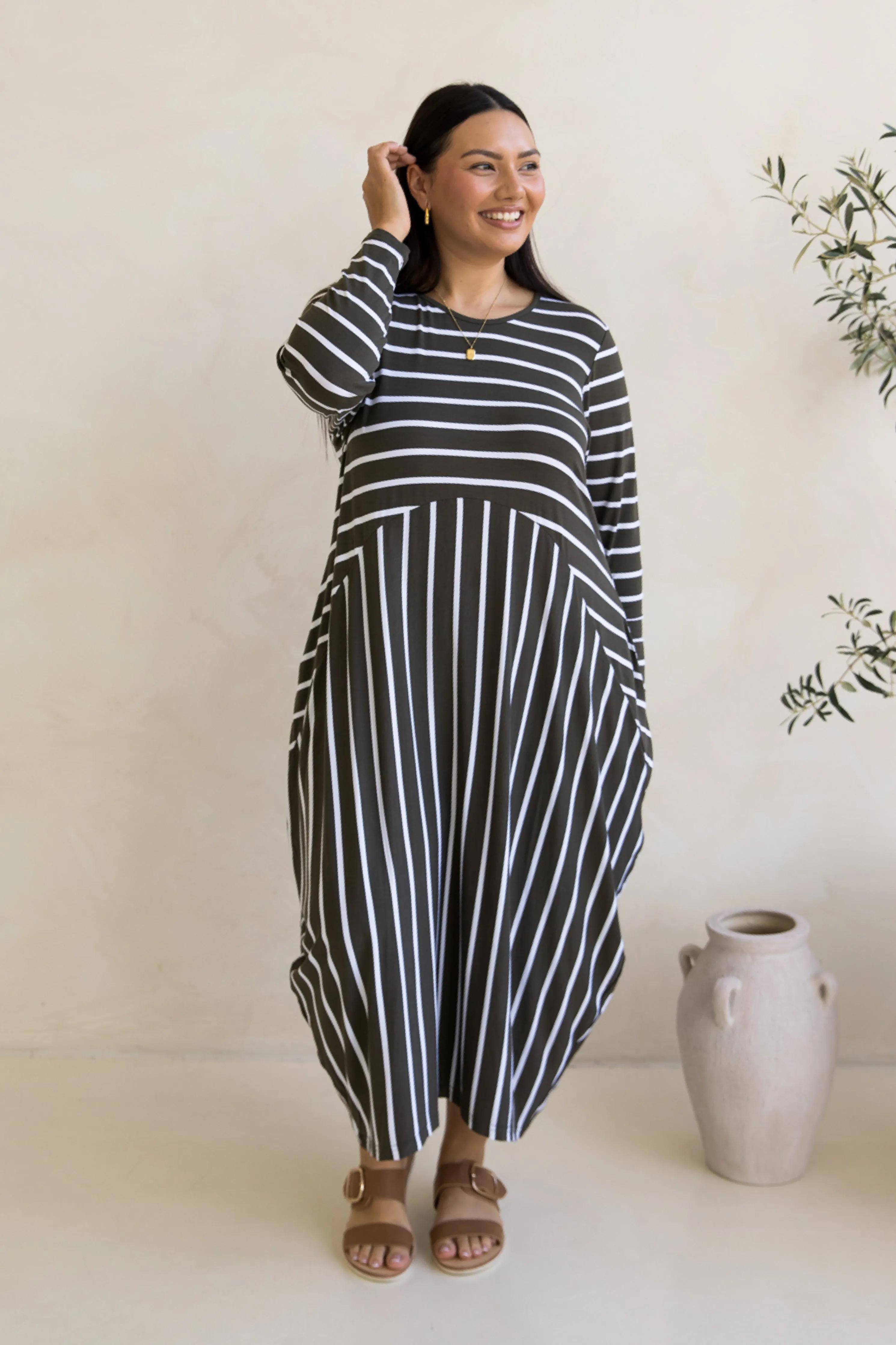 Long Sleeve Soho Dress in Moss Green/White Stripe