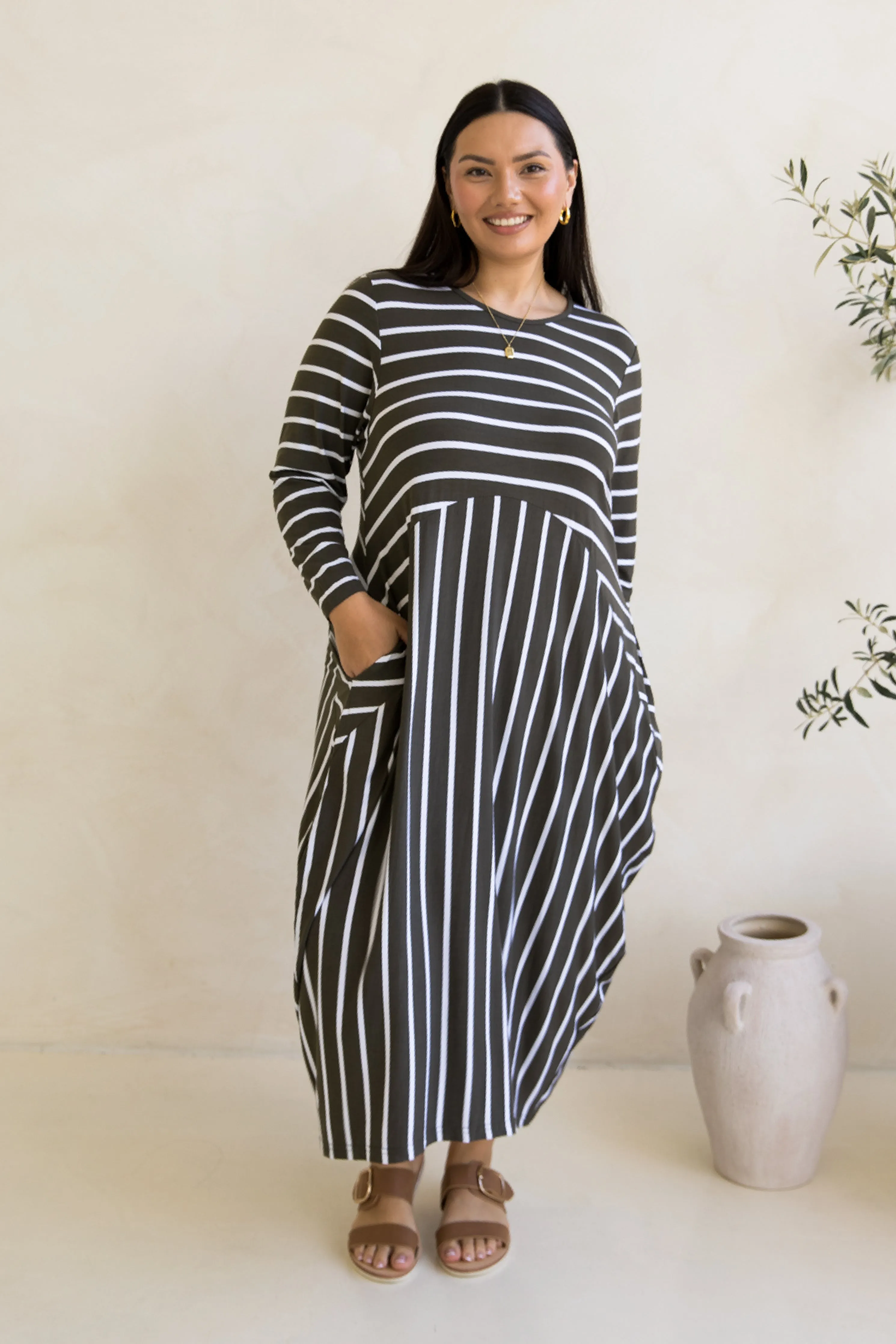 Long Sleeve Soho Dress in Moss Green/White Stripe