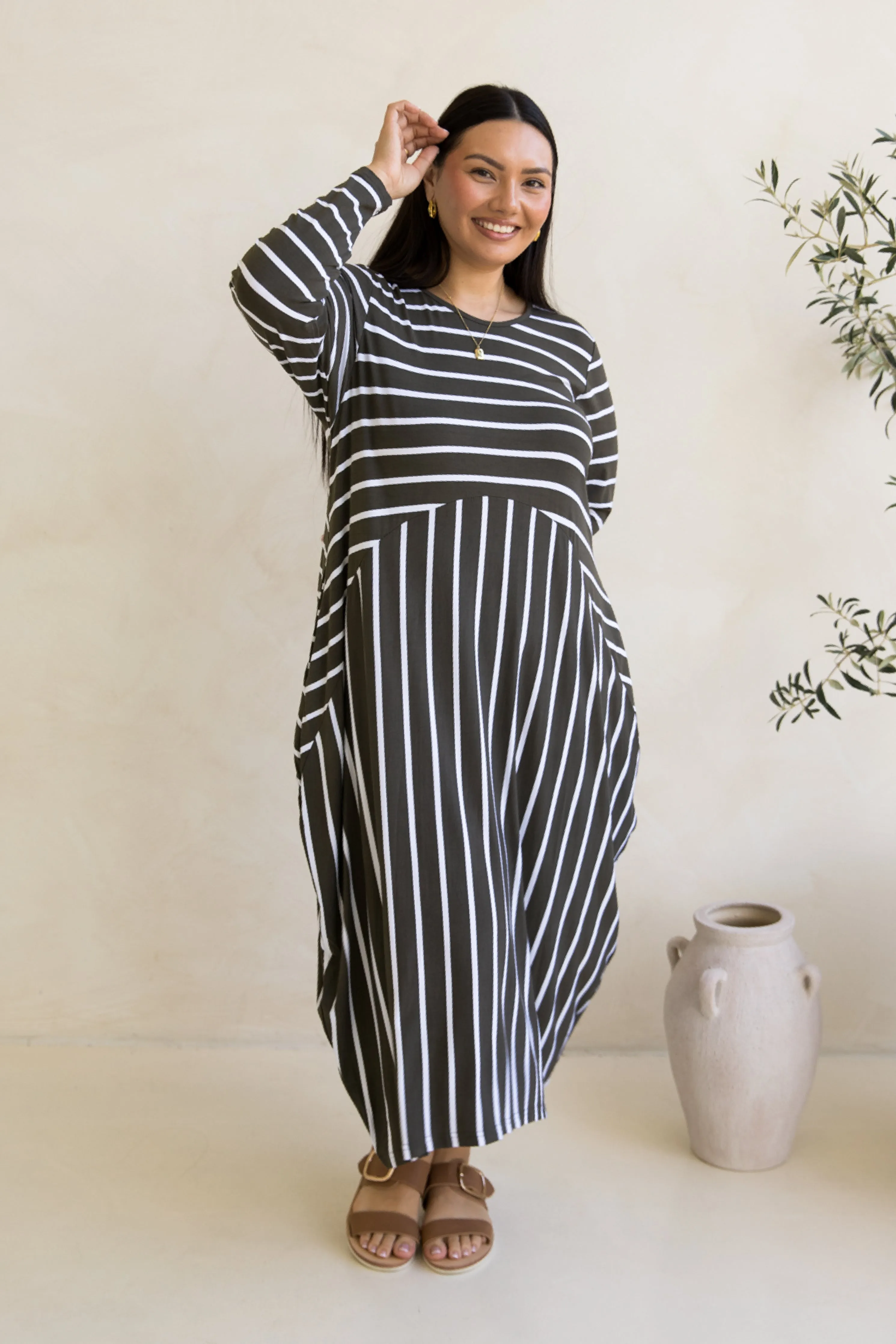 Long Sleeve Soho Dress | Moss Green/White Stripe