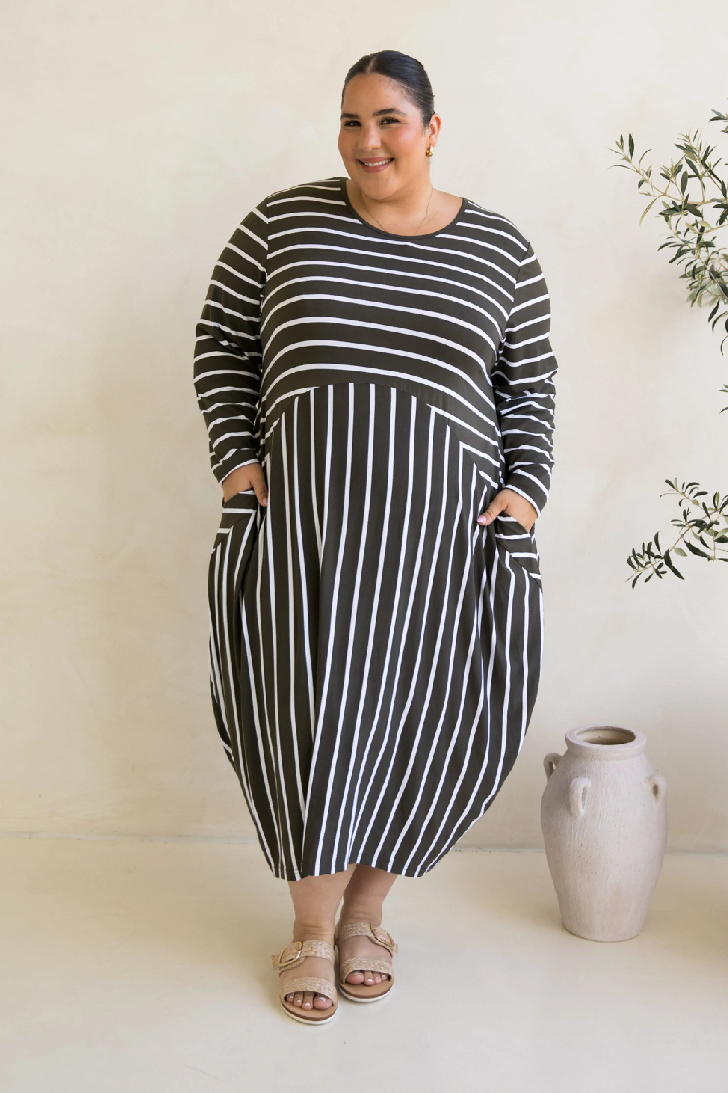 Long Sleeve Soho Dress | Moss Green/White Stripe