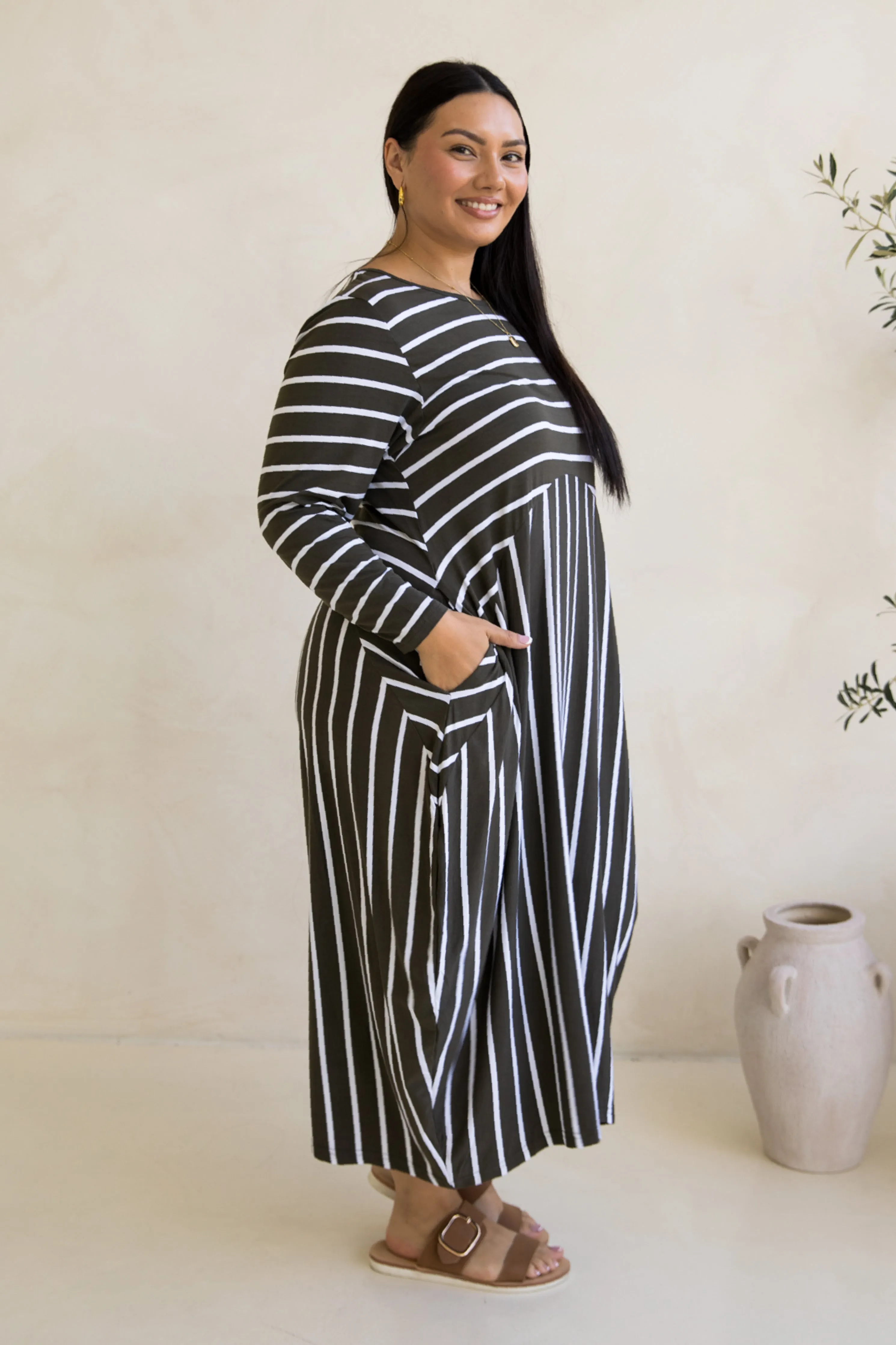 Long Sleeve Soho Dress | Moss Green/White Stripe