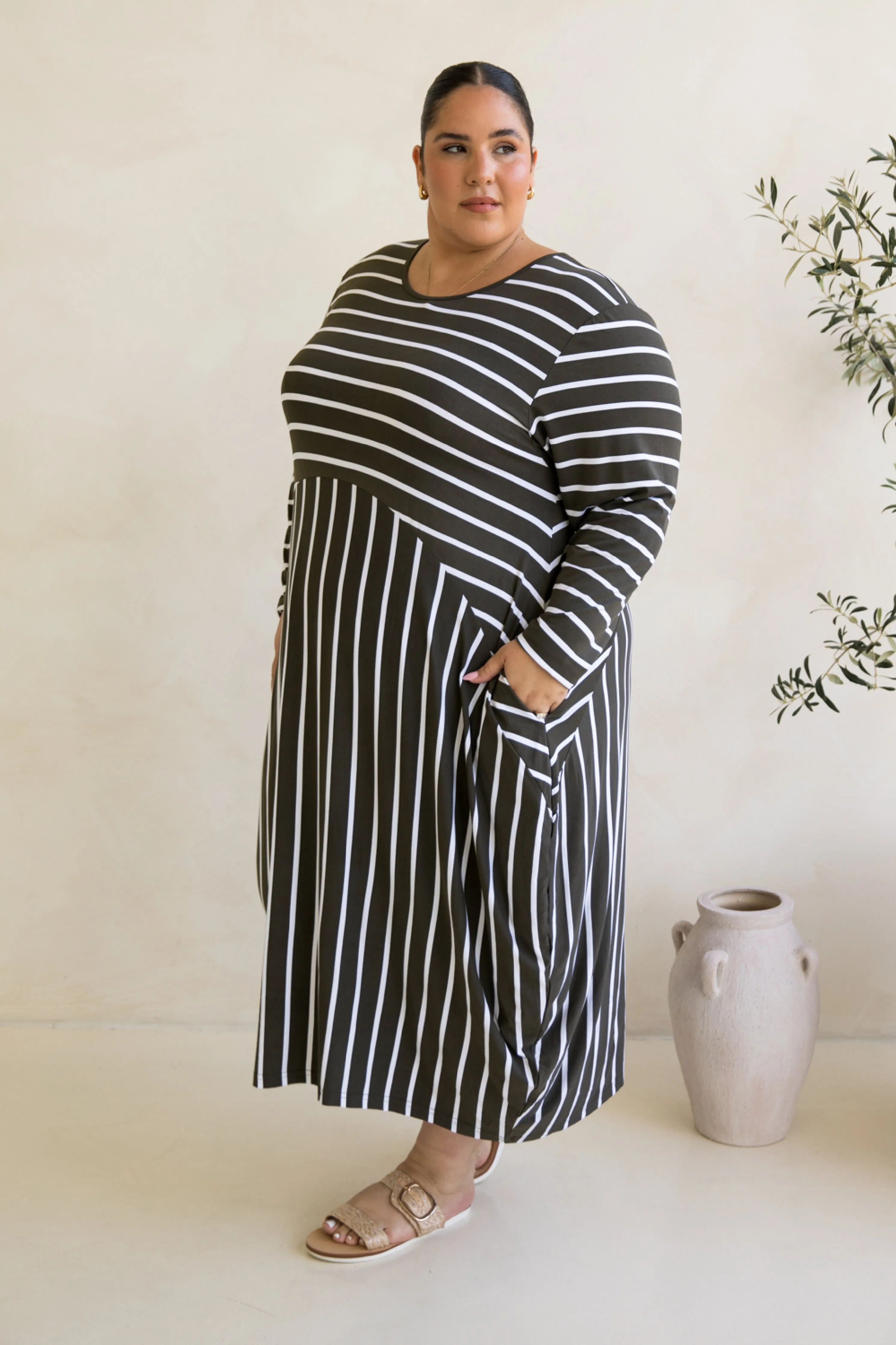 Long Sleeve Soho Dress | Moss Green/White Stripe