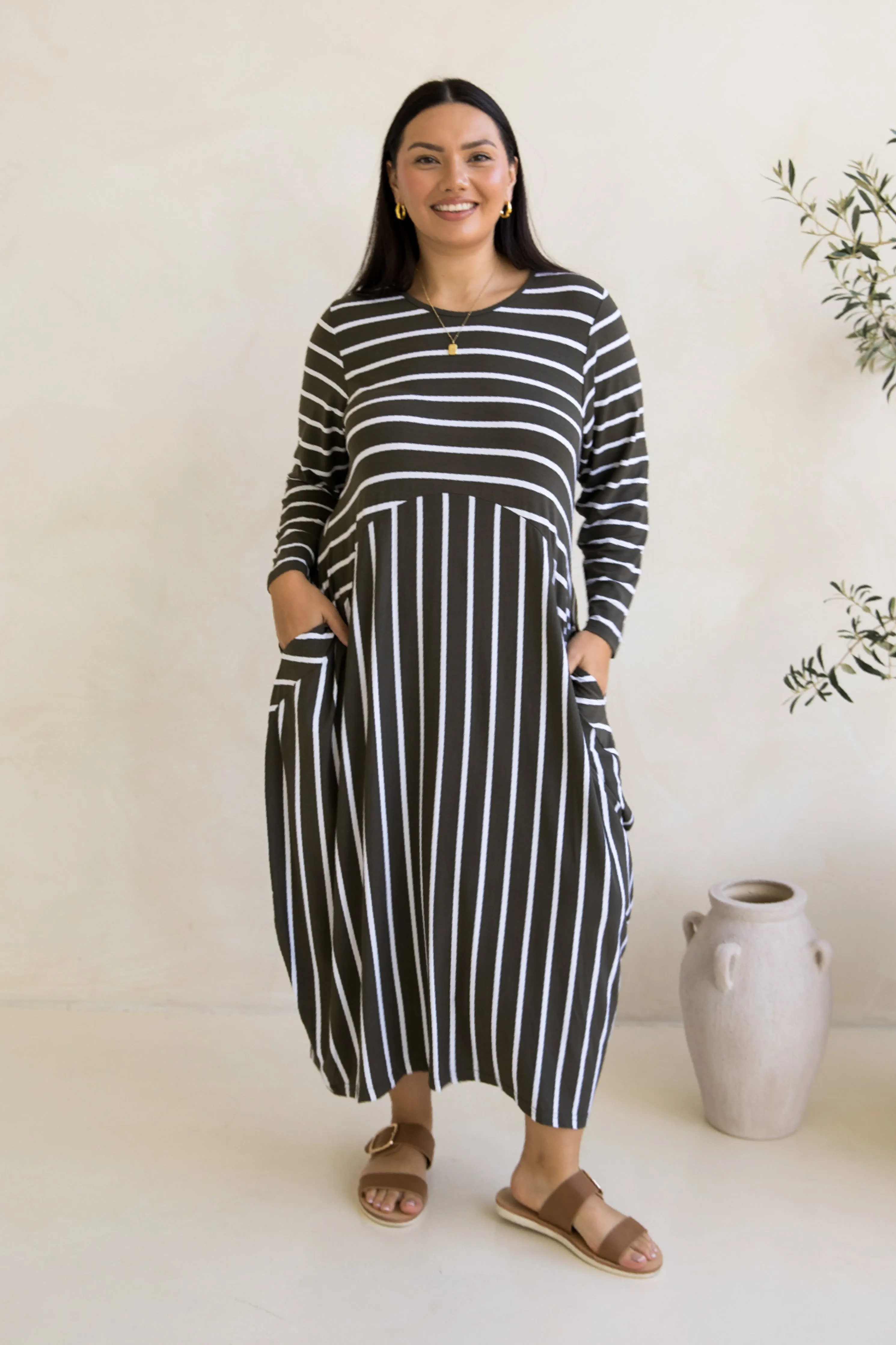 Long Sleeve Soho Dress | Moss Green/White Stripe