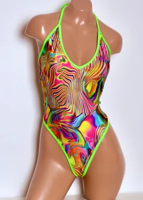 Lycra High Cut Halter Bodysuit in Acid Swirl With Neon Green Trim