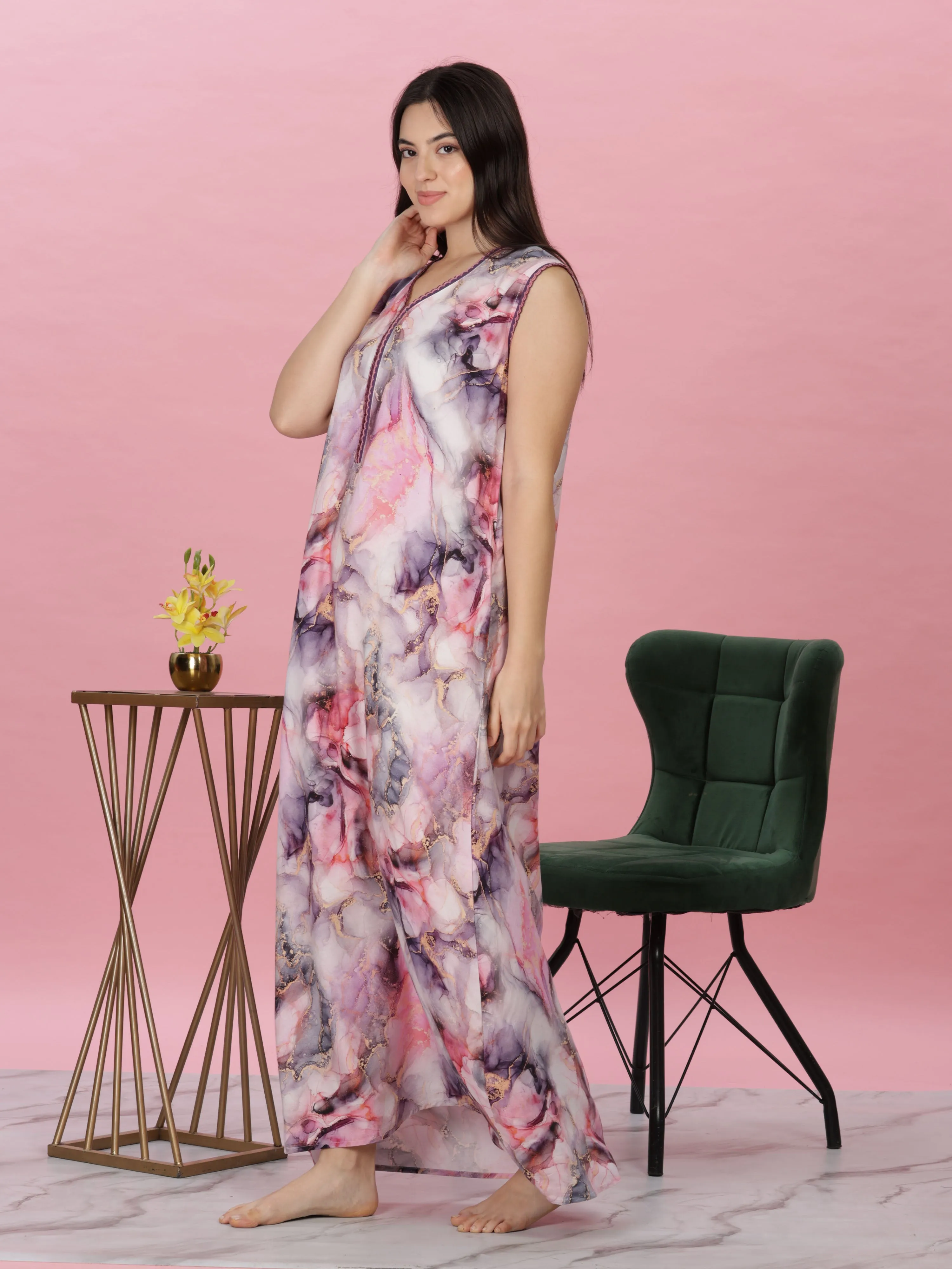 Marble Pink Rayon Maxi Nighty - Elegant Sleeveless Women's Nightwear