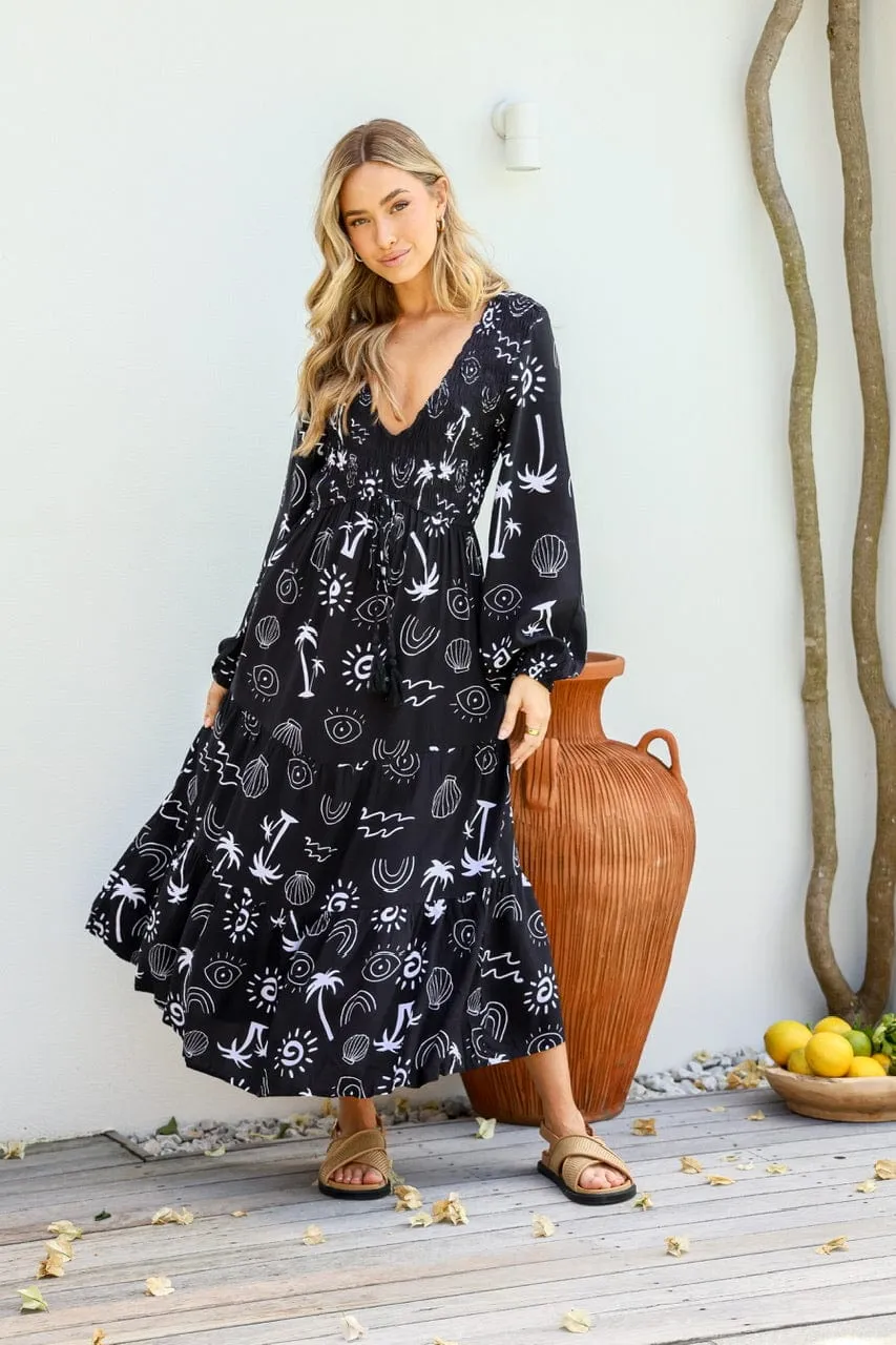 Maui Shirred Drawstring Maxi Dress - Black