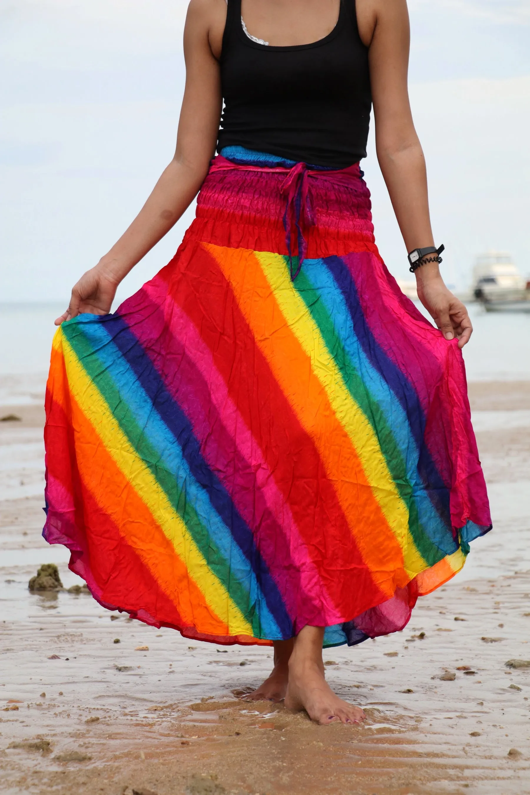 Maxi Dresses Boho Skirts Summer Festival Beachwear Sarong Skirt Bow Tie Sash Rainbow Tie Dye